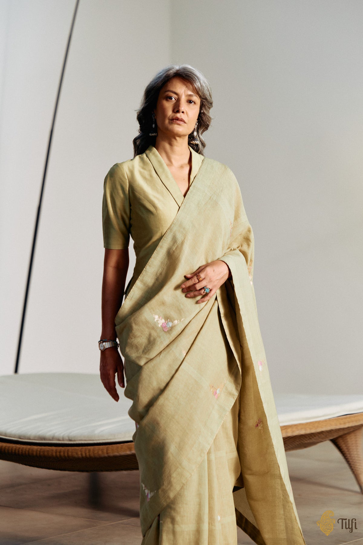 'Nilima' Sage Pure Cotton Linen Banarasi Handloom Saree