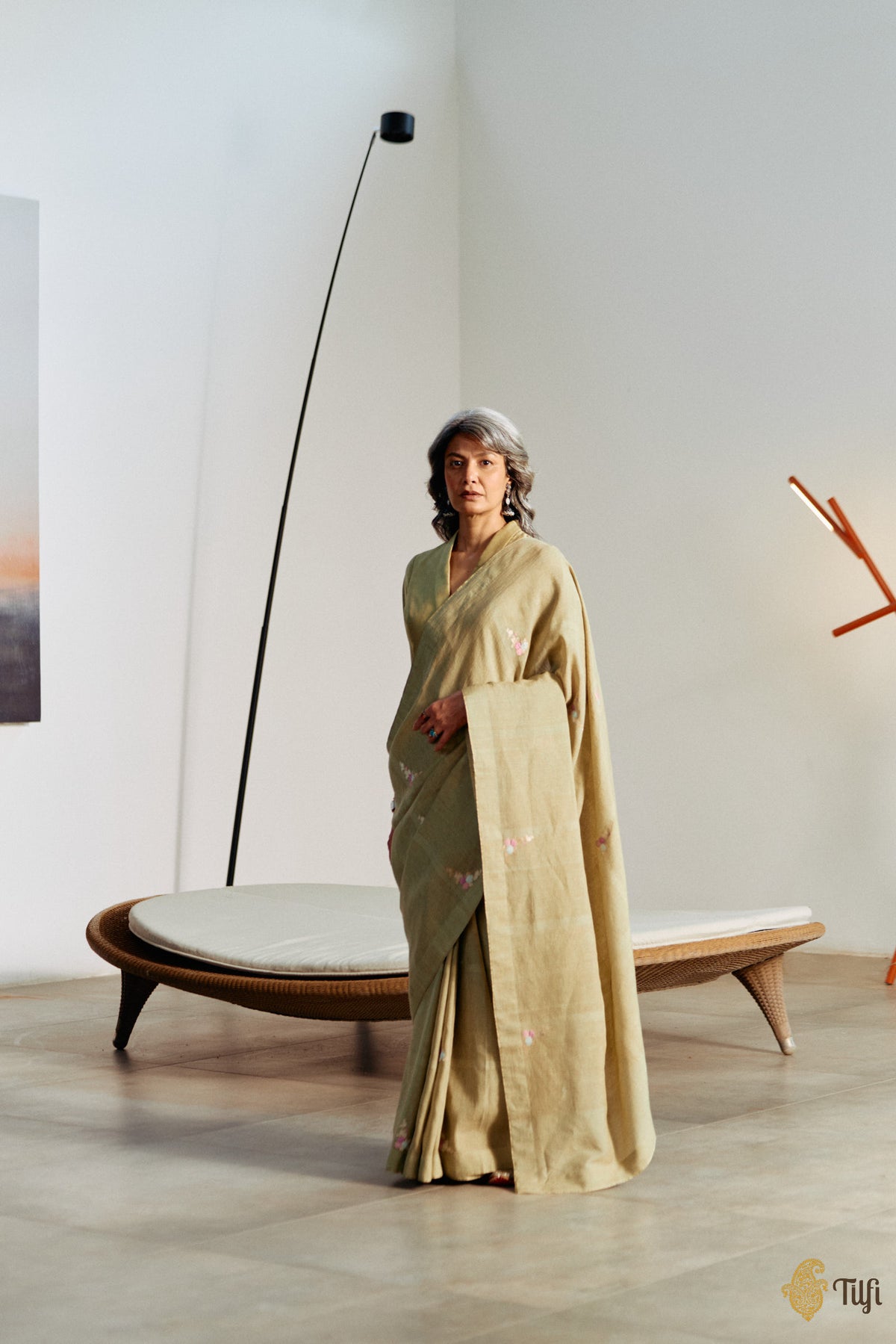 'Nilima' Sage Pure Cotton Linen Banarasi Handloom Saree