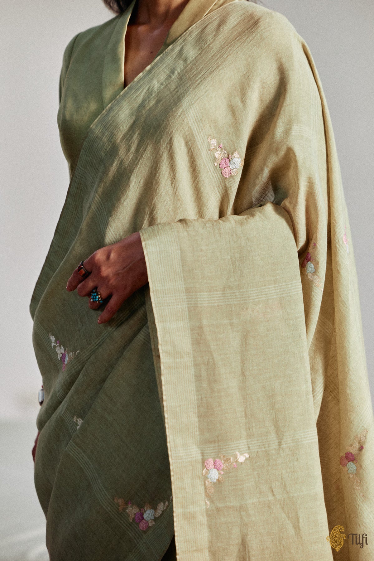 'Nilima' Sage Pure Cotton Linen Banarasi Handloom Saree