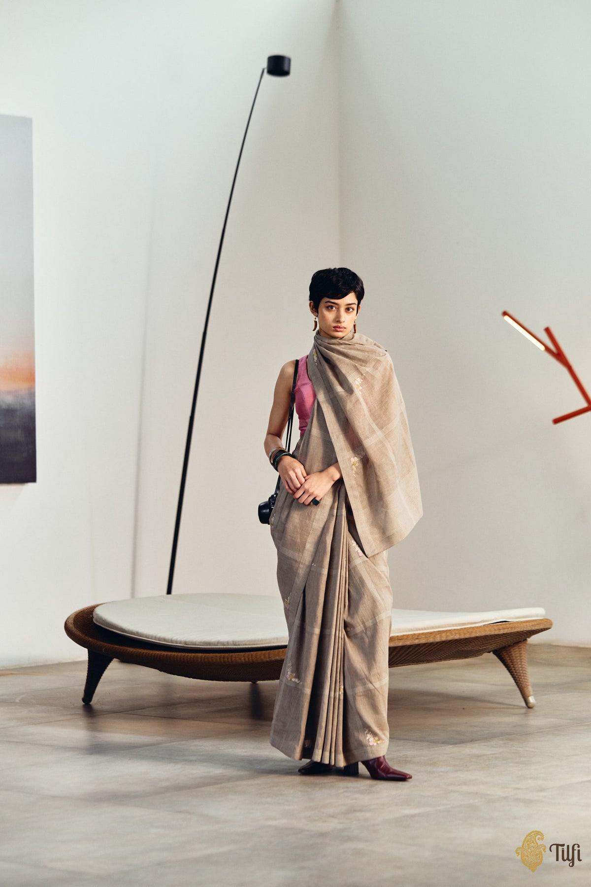 'Nilima' Taupe Pure Cotton Linen Banarasi Handloom Saree