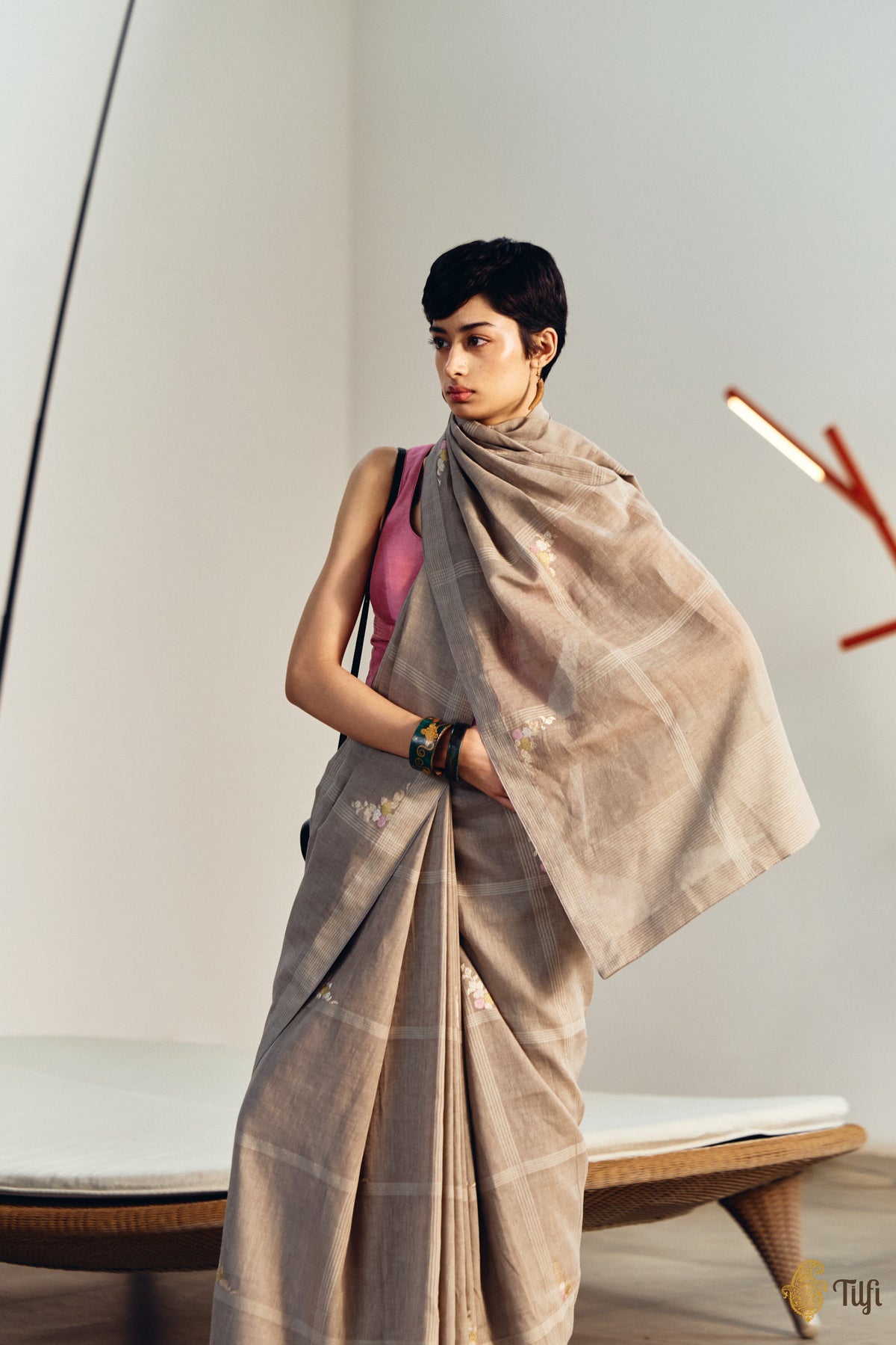 'Nilima' Taupe Pure Cotton Linen Banarasi Handloom Saree
