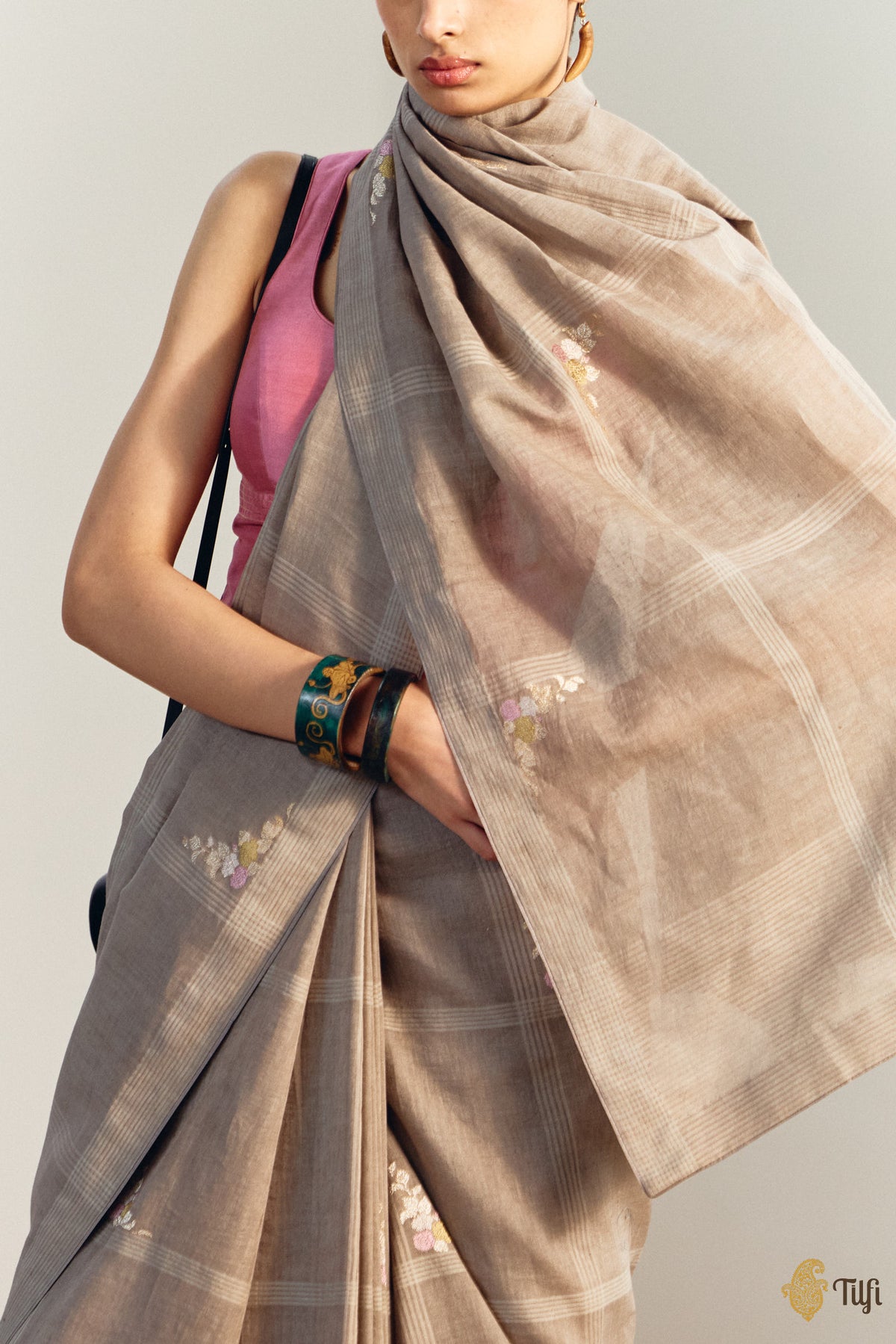 'Nilima' Taupe Pure Cotton Linen Banarasi Handloom Saree