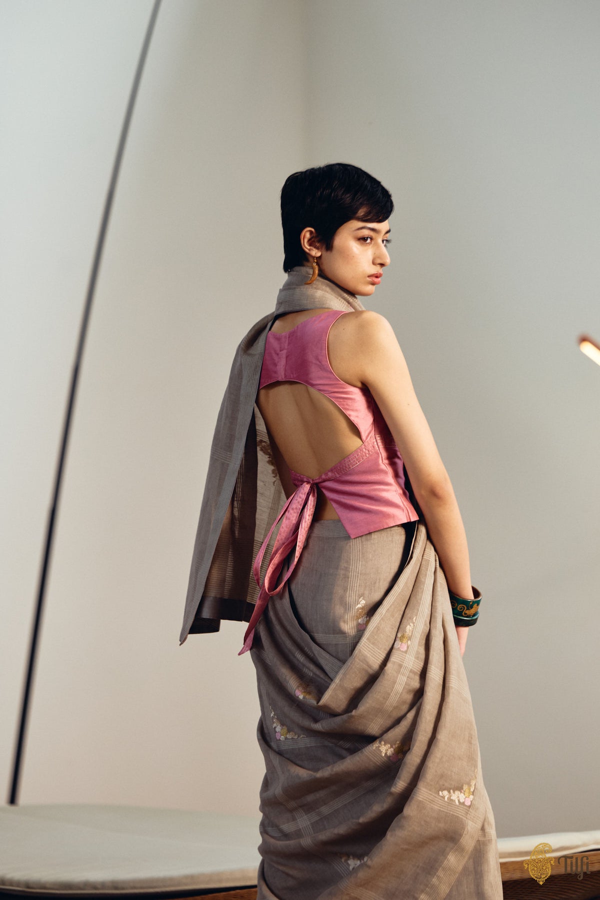 'Nilima' Taupe Pure Cotton Linen Banarasi Handloom Saree