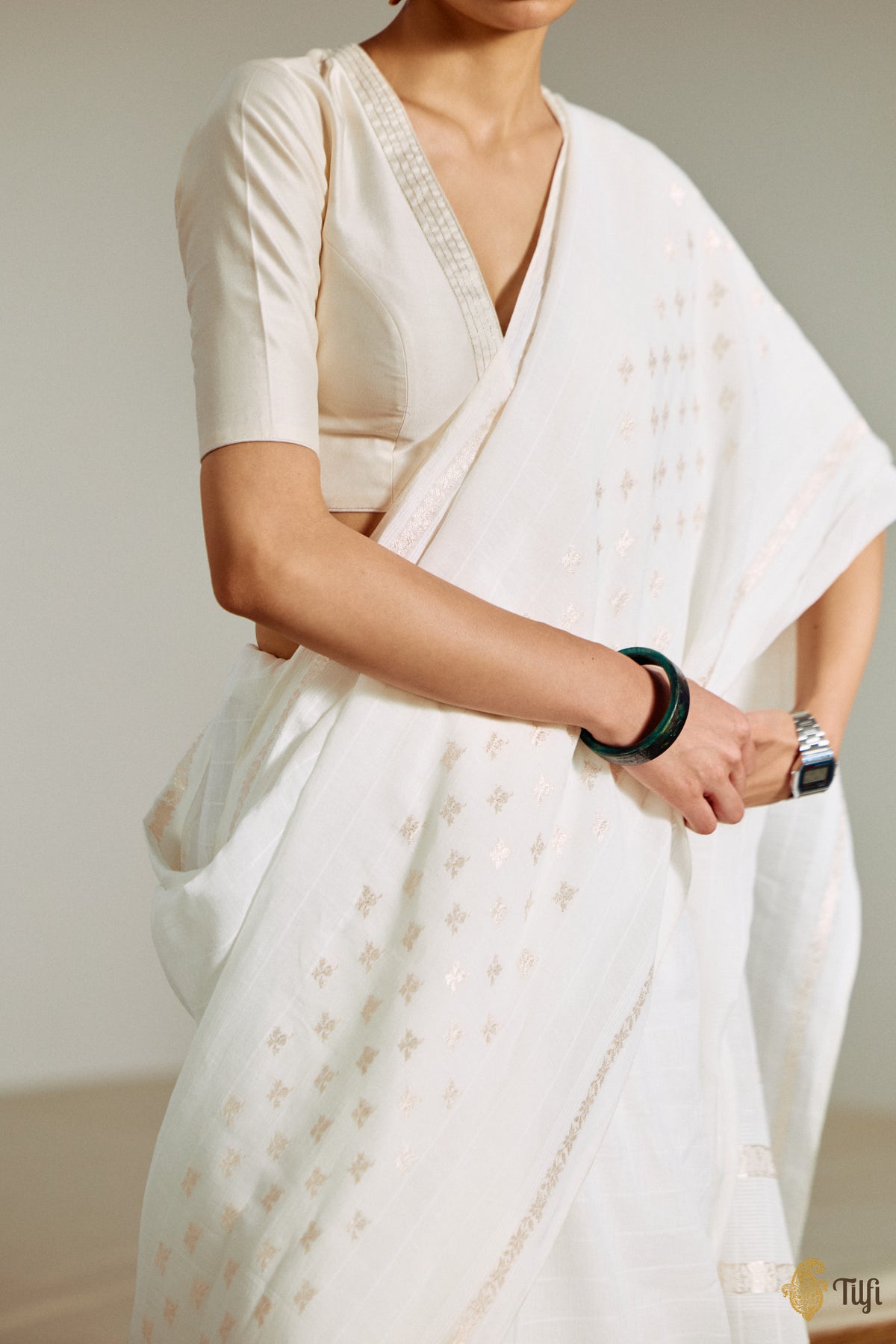 'Amrita' White Pure Cotton Linen Banarasi Handloom Saree