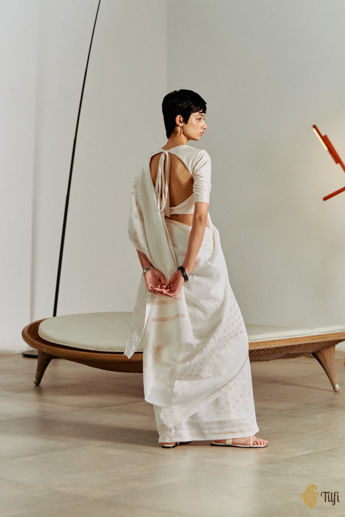 'Amrita' White Pure Cotton Linen Banarasi Handloom Saree