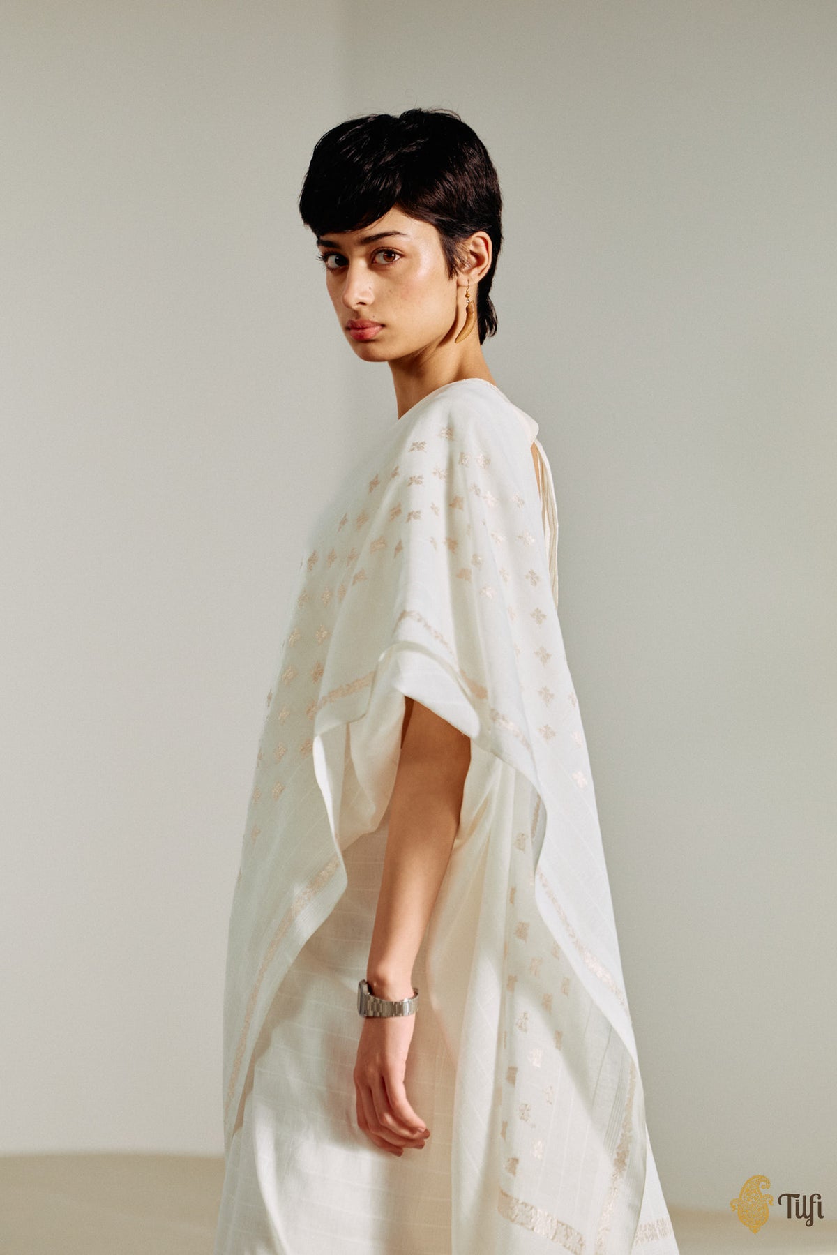 'Amrita' White Pure Cotton Linen Banarasi Handloom Saree