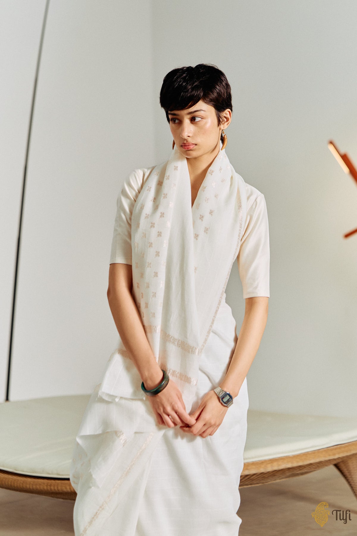 'Amrita' White Pure Cotton Linen Banarasi Handloom Saree