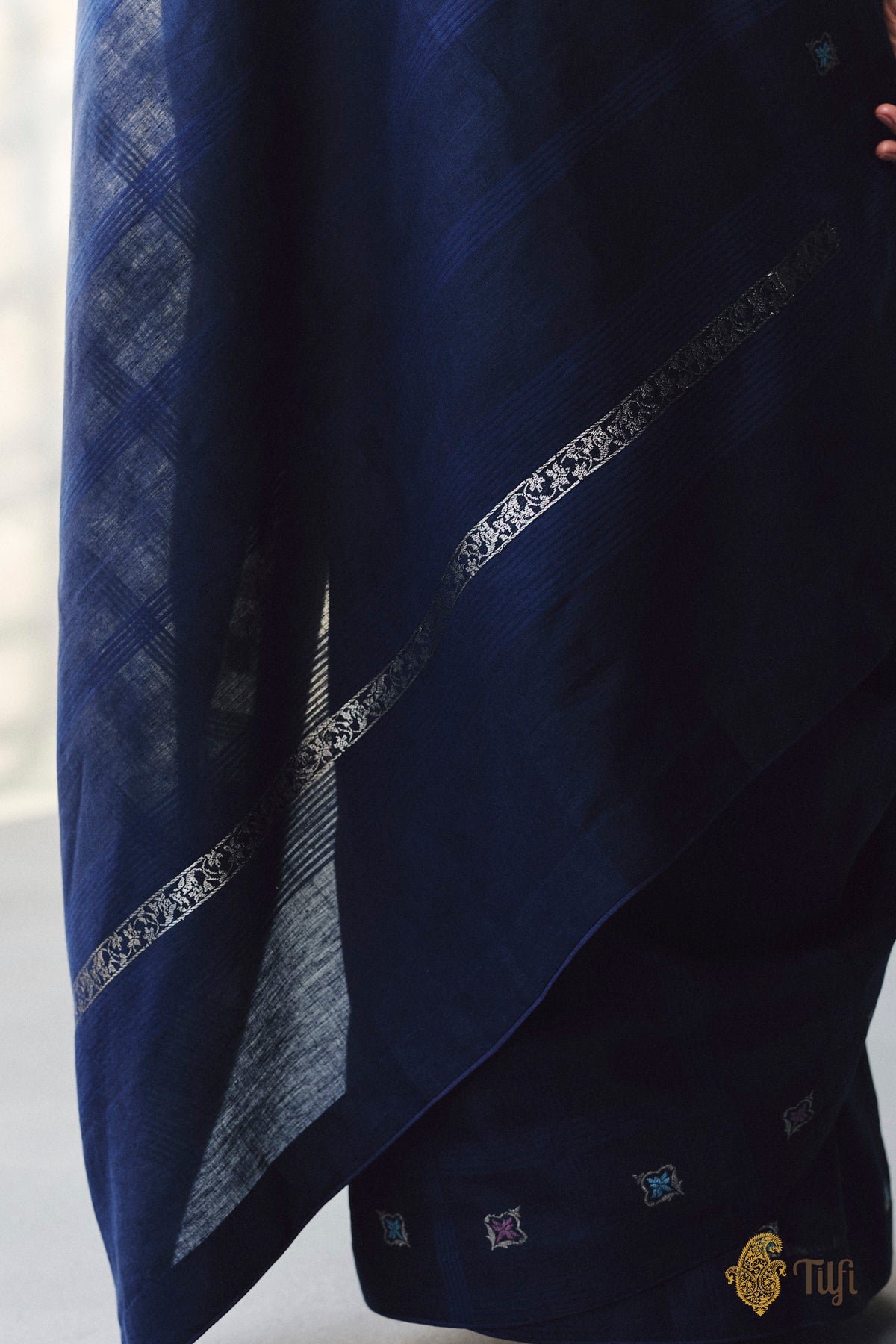 'Arpita' Navy Blue Pure Cotton Linen Banarasi Handloom Saree