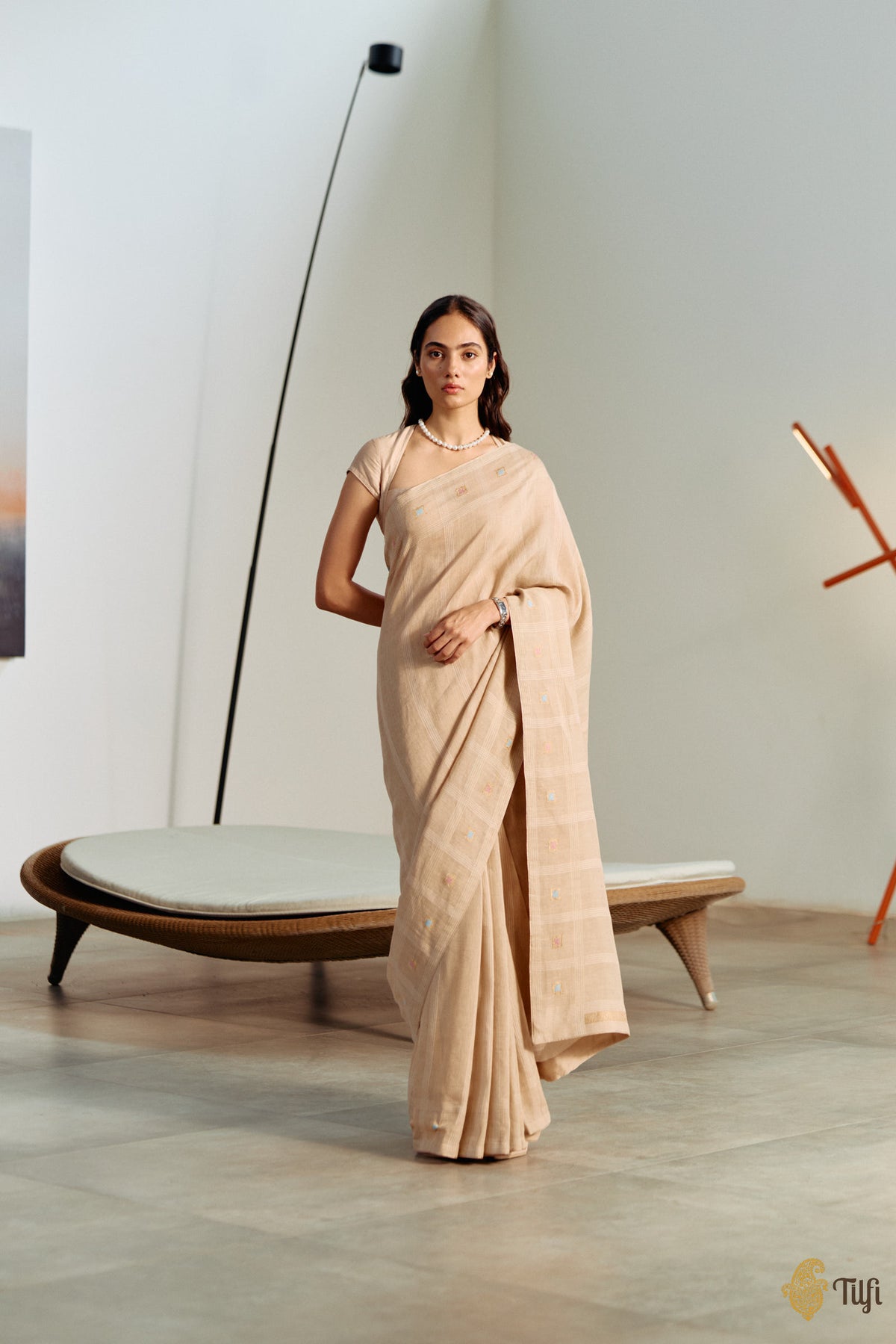 'Arpita' Khaki Brown Pure Cotton Linen Banarasi Handloom Saree