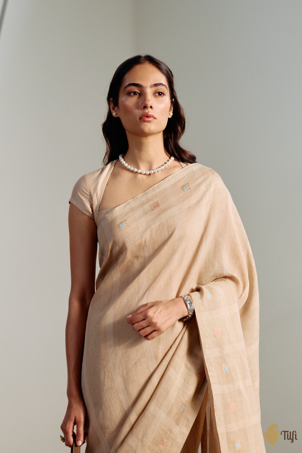 'Arpita' Khaki Brown Pure Cotton Linen Banarasi Handloom Saree