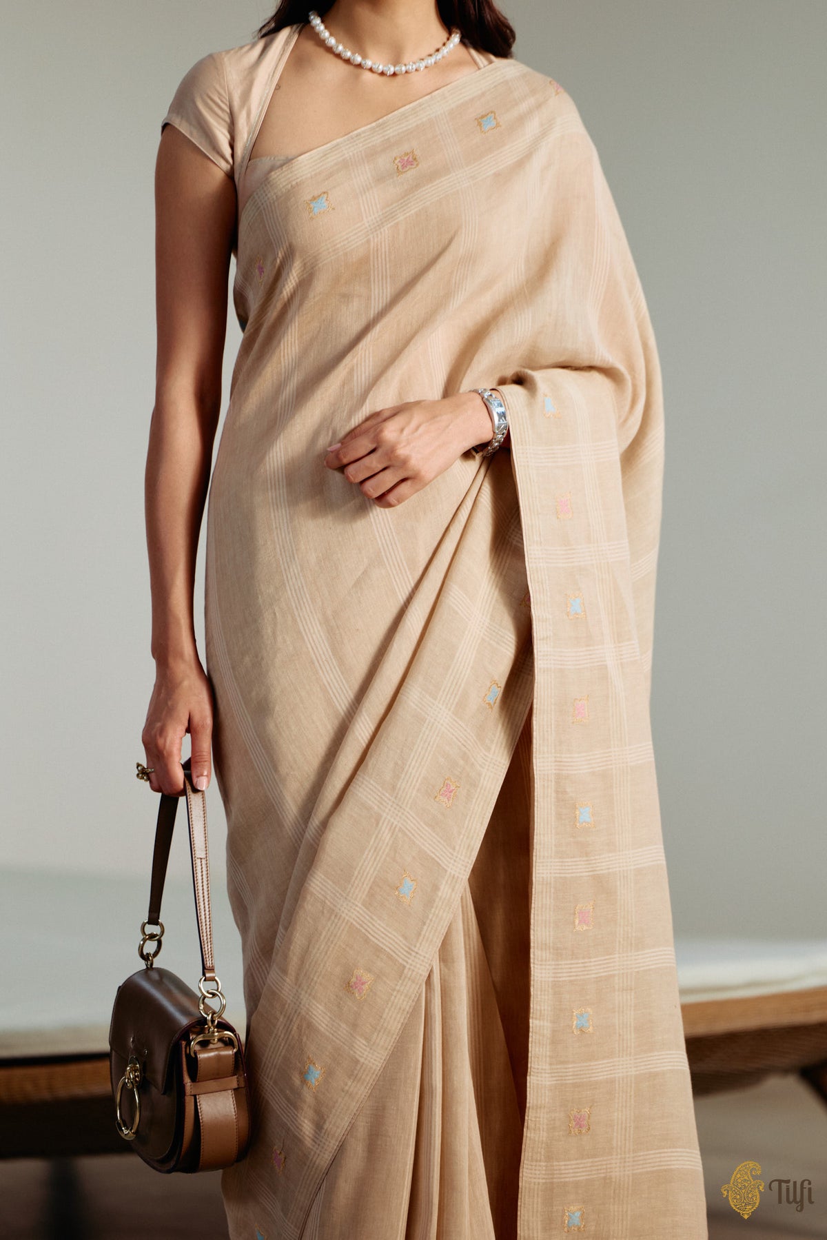 'Arpita' Khaki Brown Pure Cotton Linen Banarasi Handloom Saree