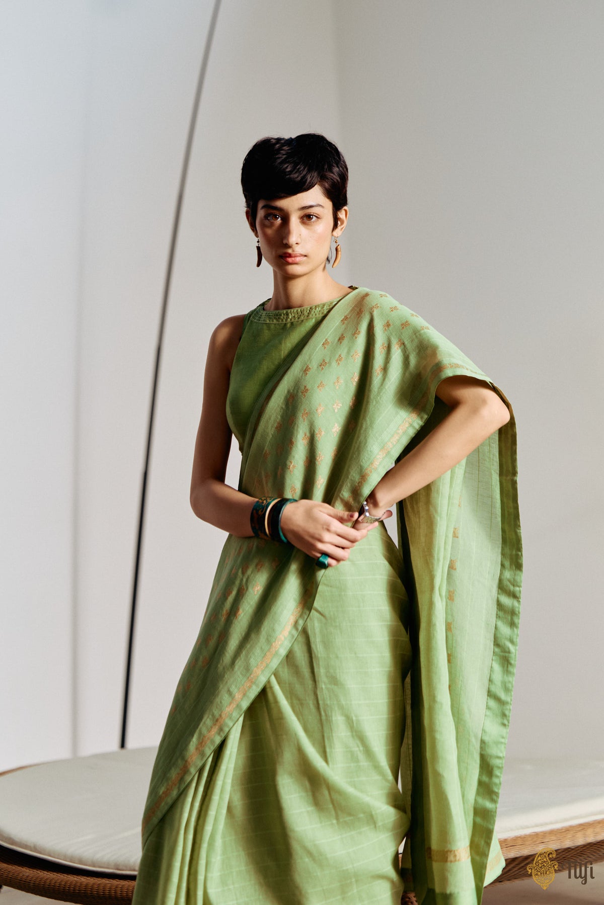 Pre-Order: 'Amrita' Green Pure Cotton Linen Banarasi Handloom Saree