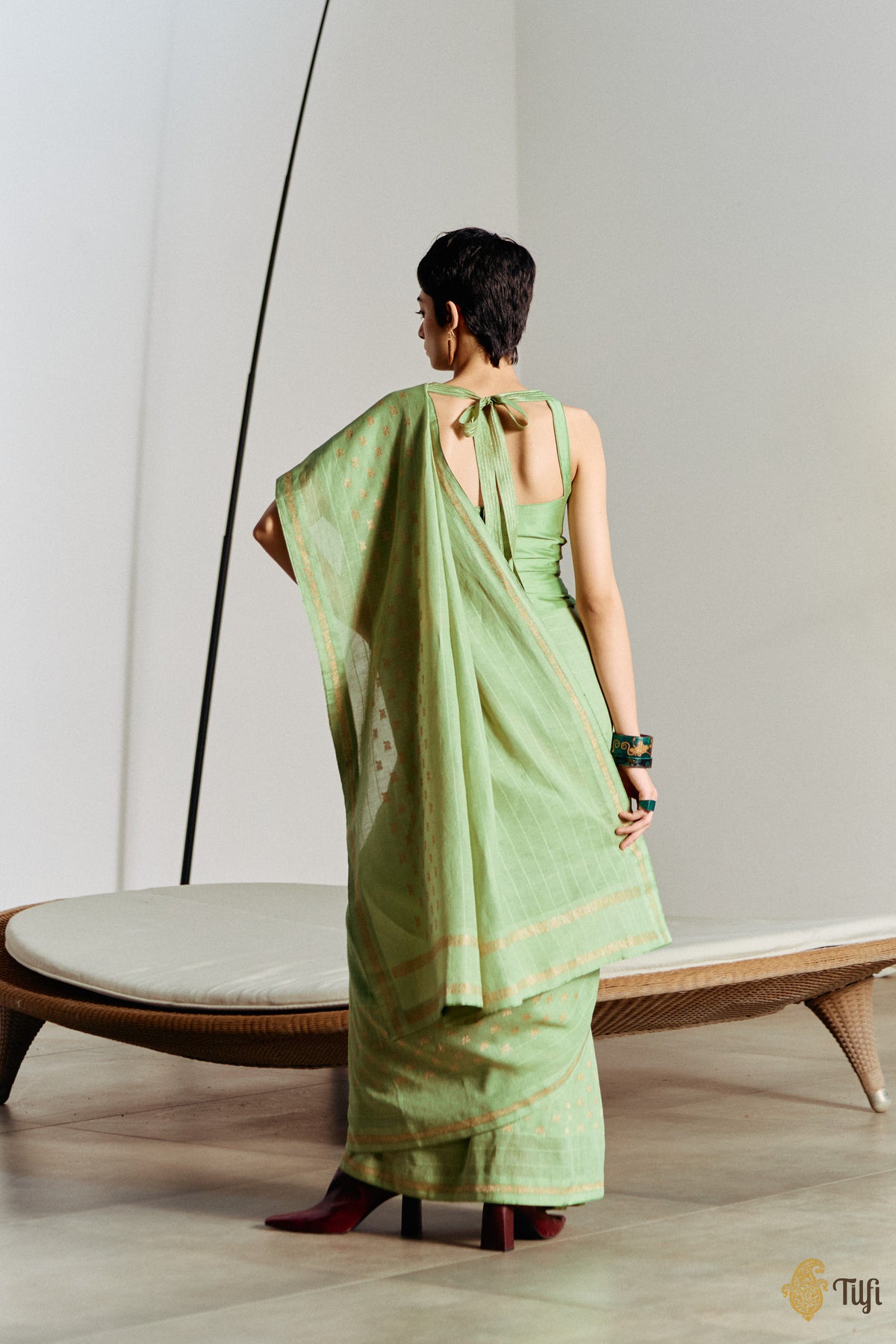 Pre-Order: 'Amrita' Green Pure Cotton Linen Banarasi Handloom Saree