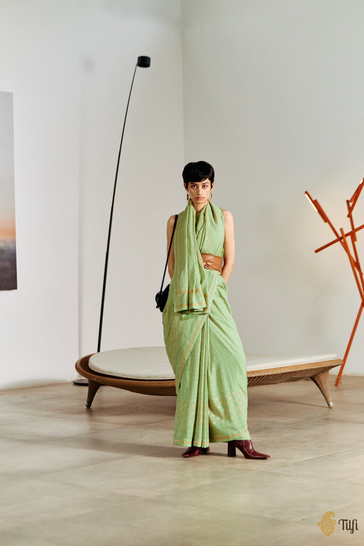 Pre-Order: 'Amrita' Green Pure Cotton Linen Banarasi Handloom Saree