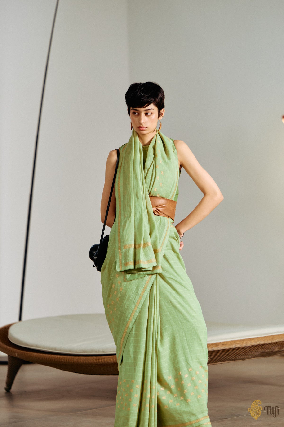 Pre-Order: 'Amrita' Green Pure Cotton Linen Banarasi Handloom Saree
