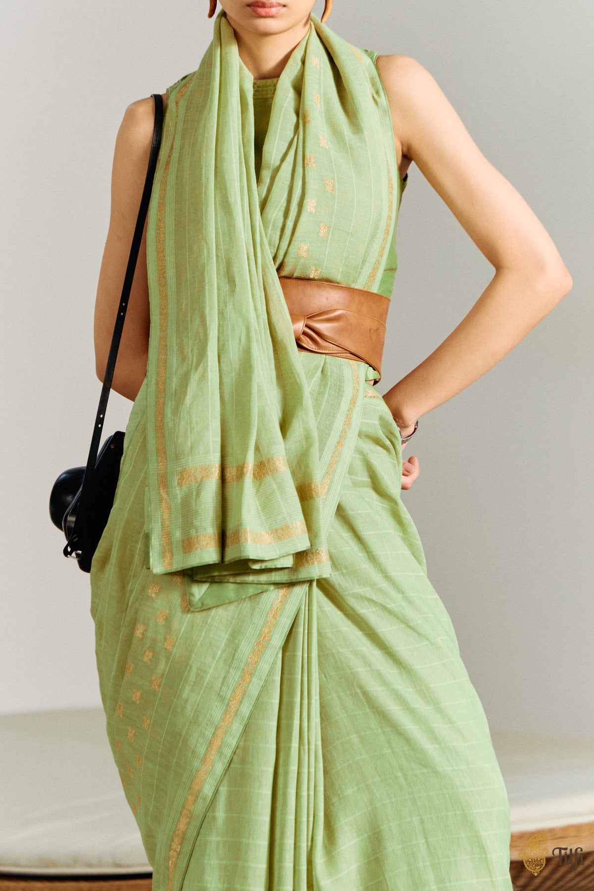 Pre-Order: 'Amrita' Green Pure Cotton Linen Banarasi Handloom Saree