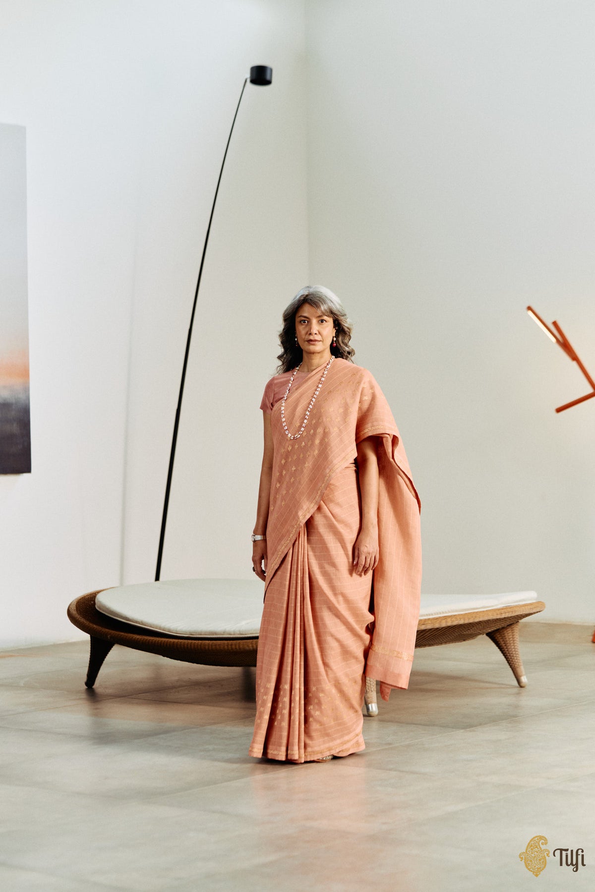 'Amrita' Dark Peach Pure Cotton Linen Banarasi Handloom Saree