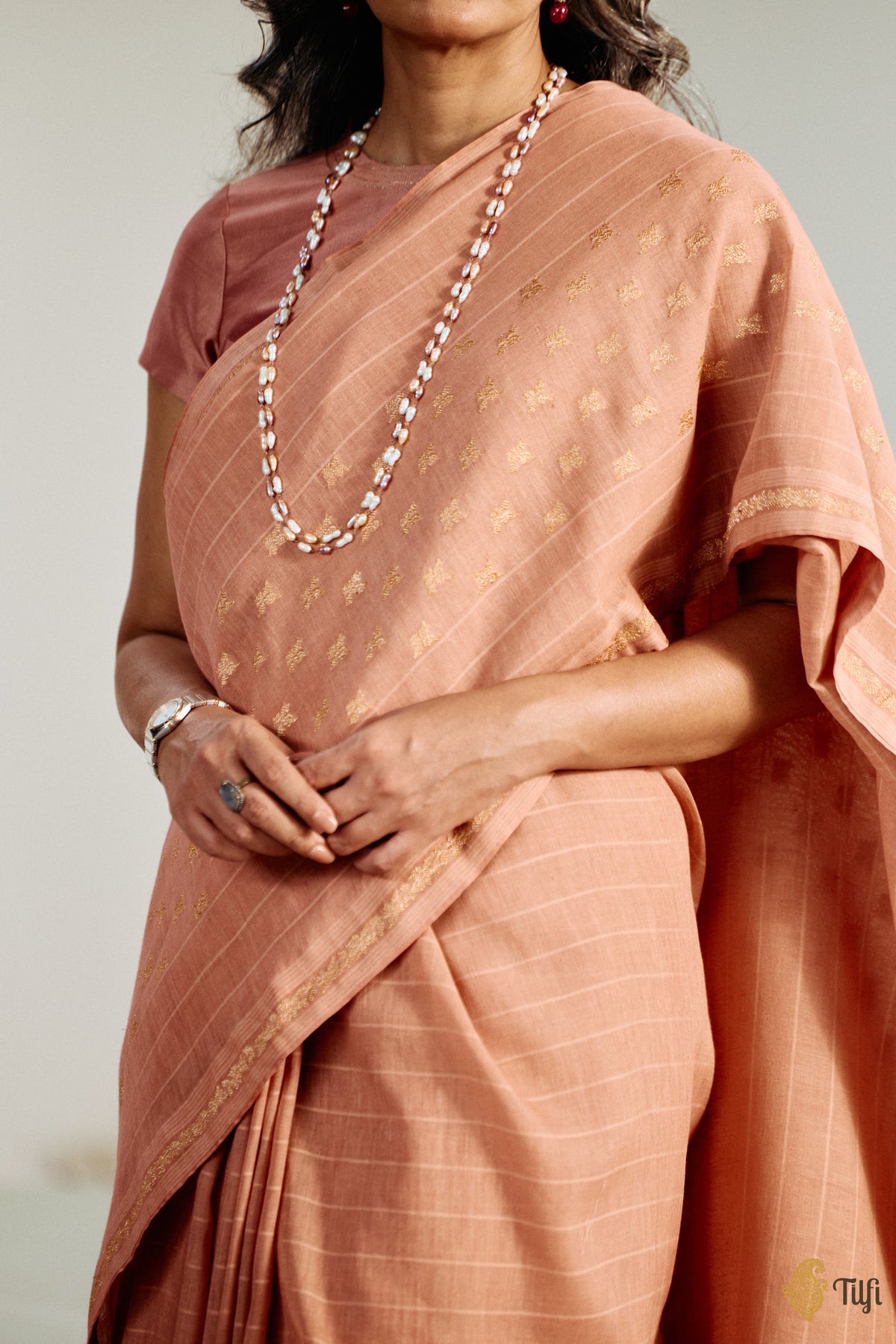 'Amrita' Dark Peach Pure Cotton Linen Banarasi Handloom Saree