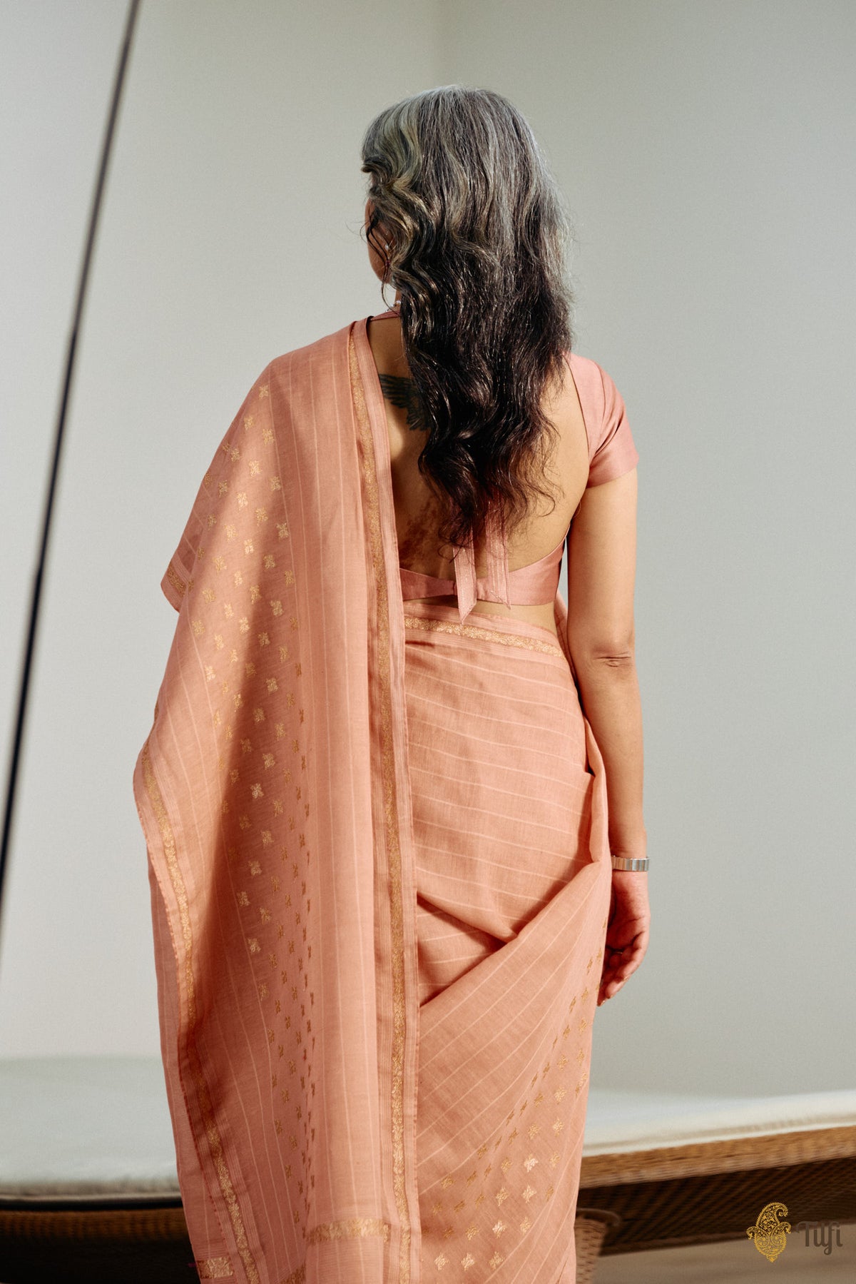 'Amrita' Dark Peach Pure Cotton Linen Banarasi Handloom Saree
