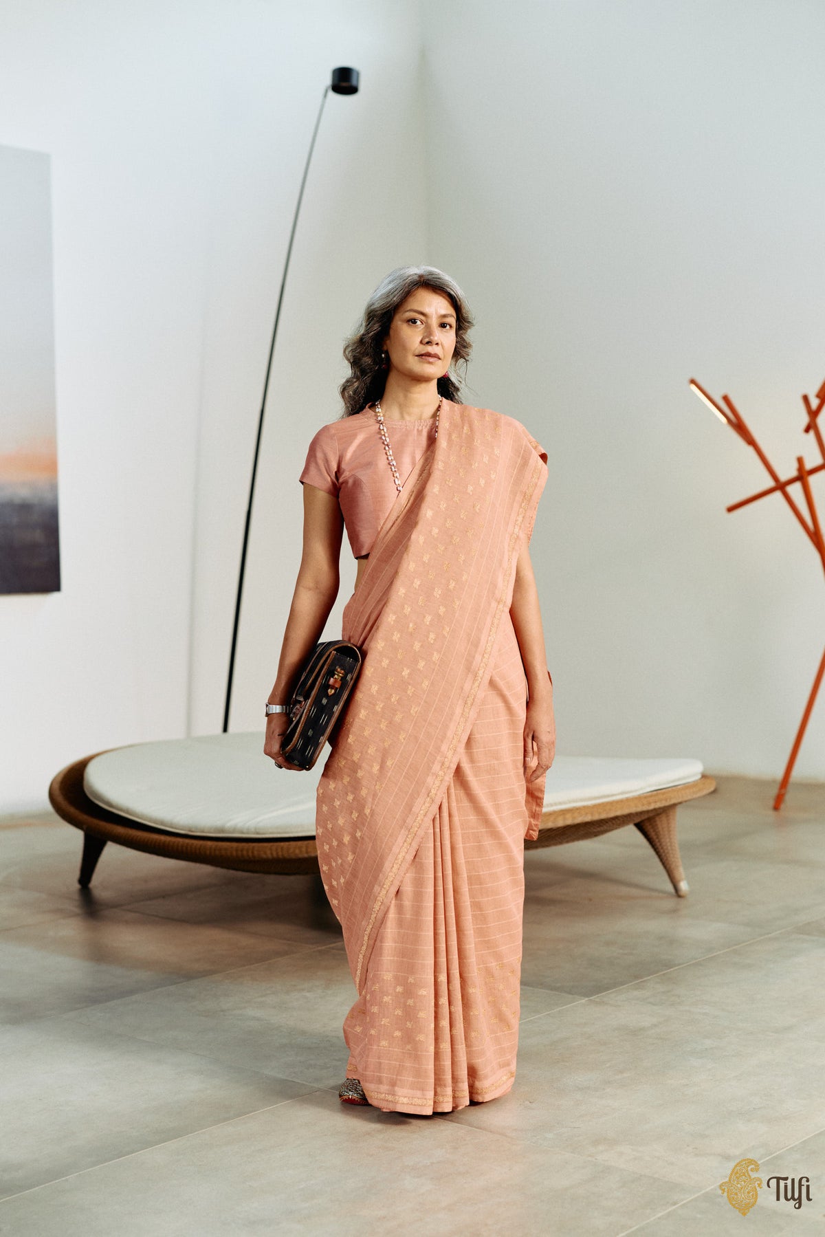 'Amrita' Dark Peach Pure Cotton Linen Banarasi Handloom Saree