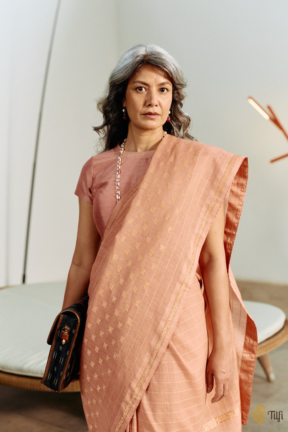 'Amrita' Dark Peach Pure Cotton Linen Banarasi Handloom Saree