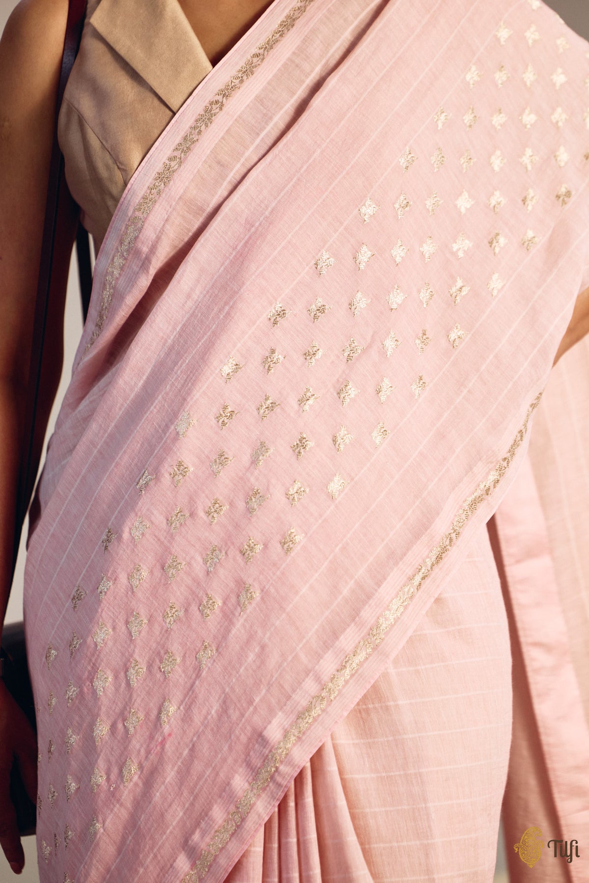 Pre-Order: 'Amrita' Pink Pure Cotton Linen Banarasi Handloom Saree