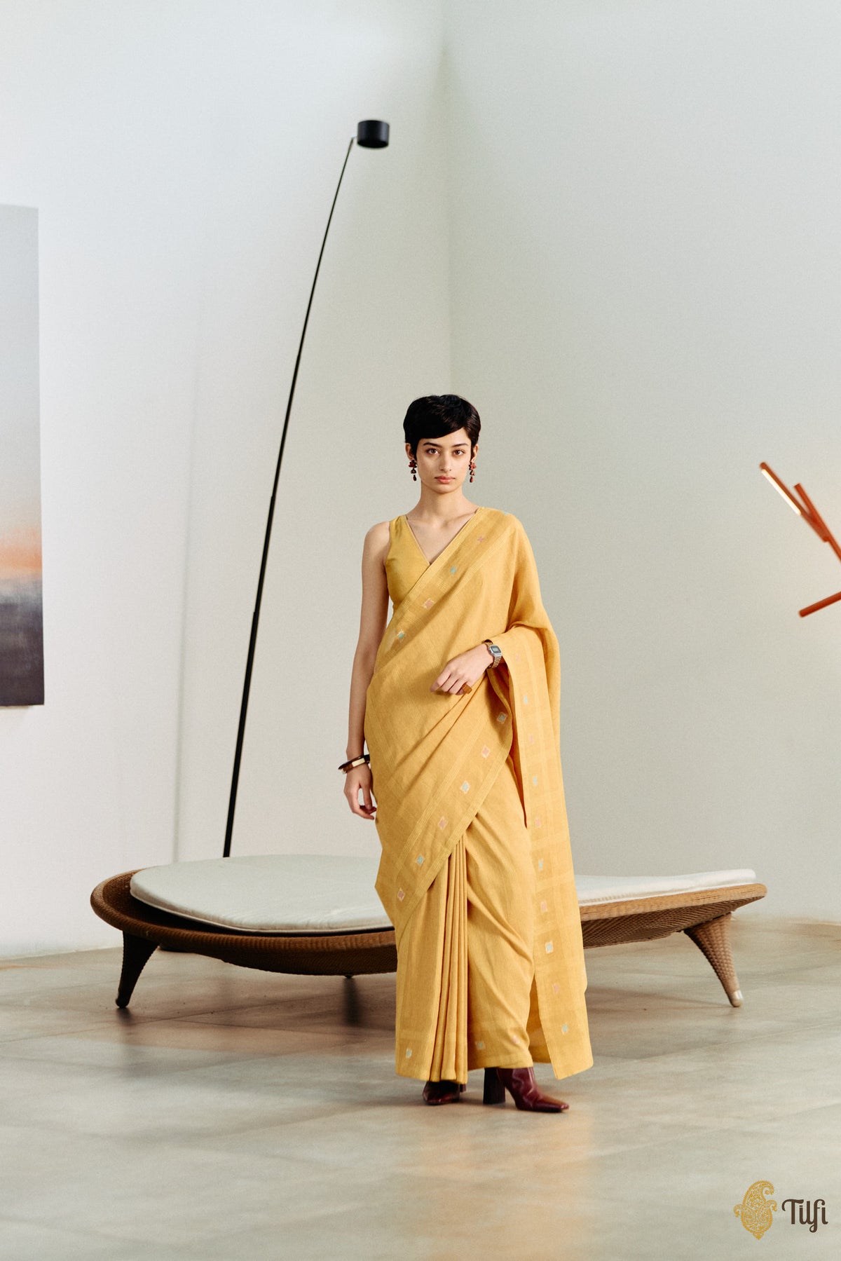 'Arpita' Zest Yellow Pure Cotton Linen Banarasi Handloom Saree