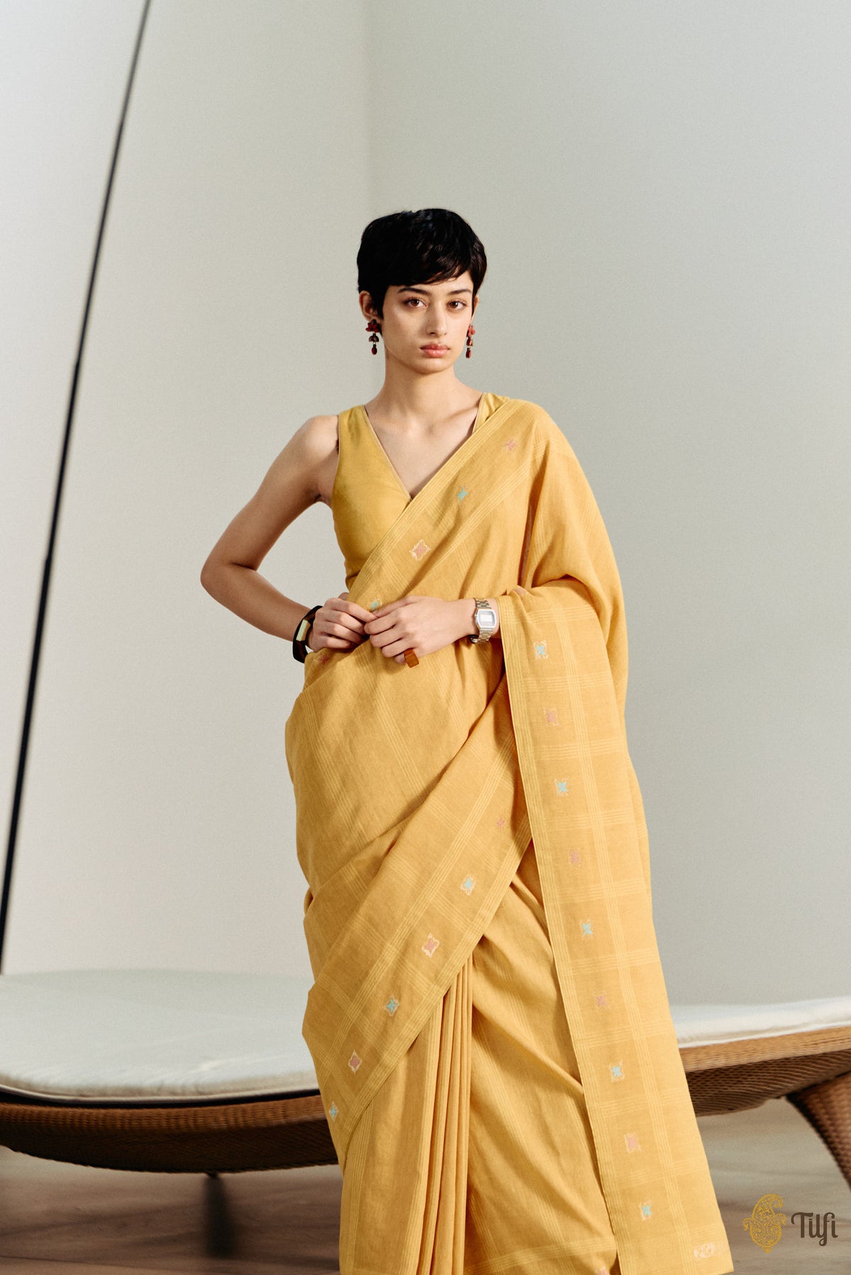 'Arpita' Zest Yellow Pure Cotton Linen Banarasi Handloom Saree