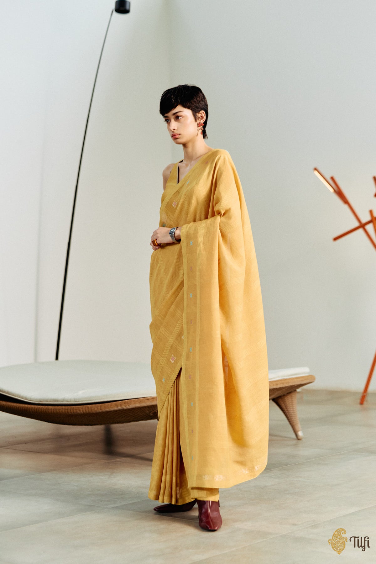 'Arpita' Zest Yellow Pure Cotton Linen Banarasi Handloom Saree
