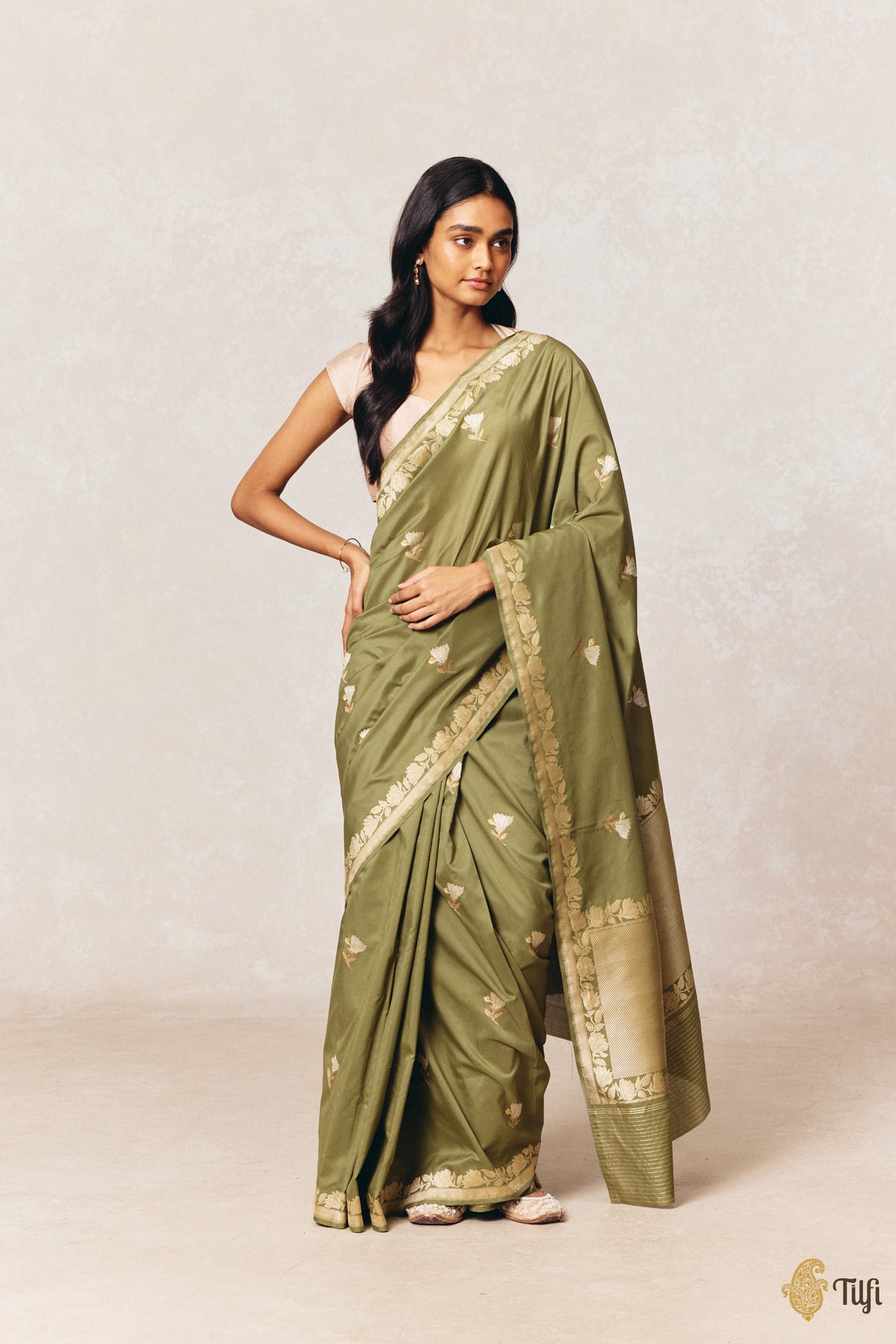 'Magnolias & Beetles' Deep Green Pure Kora by Cotton Banarasi Handloom Saree