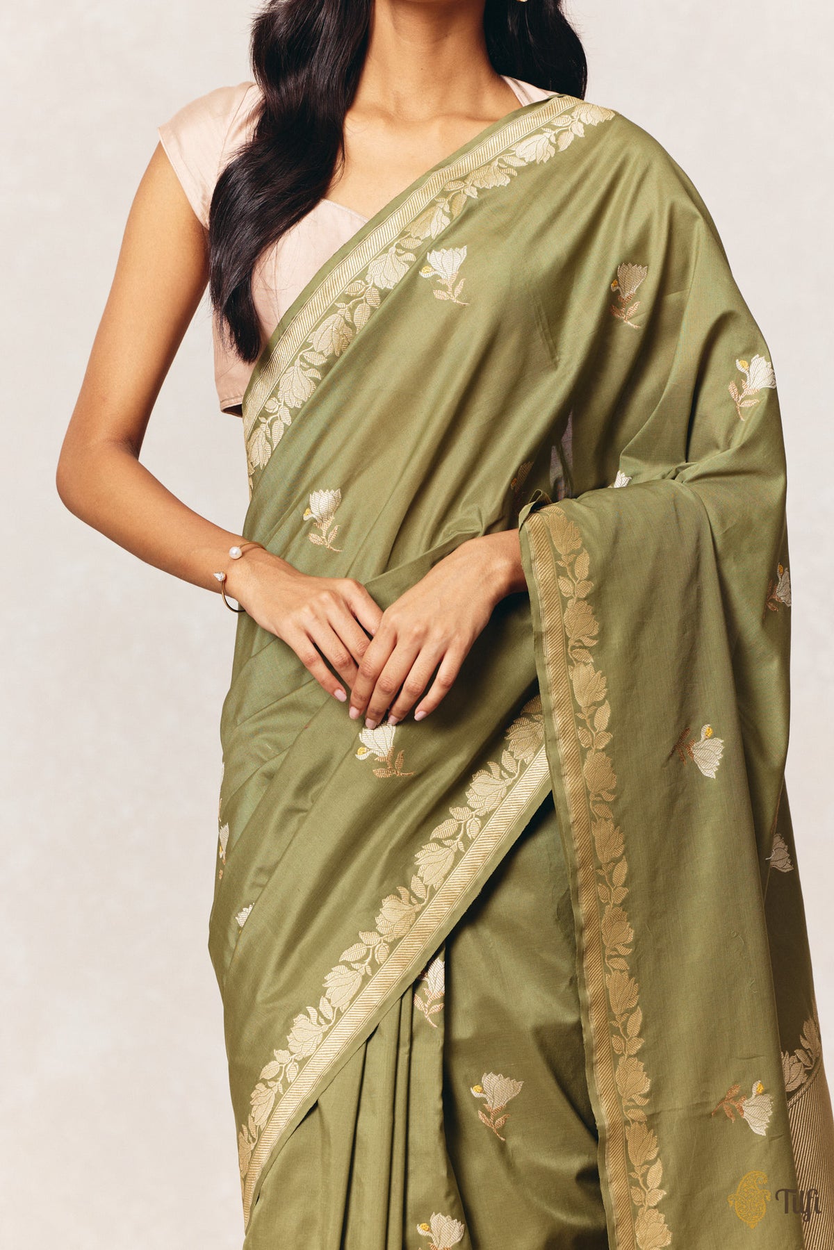 'Magnolias & Beetles' Deep Green Pure Kora by Cotton Banarasi Handloom Saree
