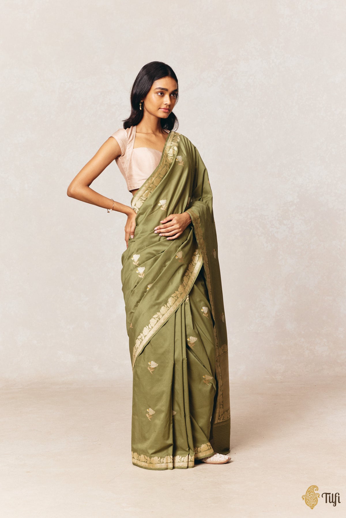 'Magnolias & Beetles' Deep Green Pure Kora by Cotton Banarasi Handloom Saree