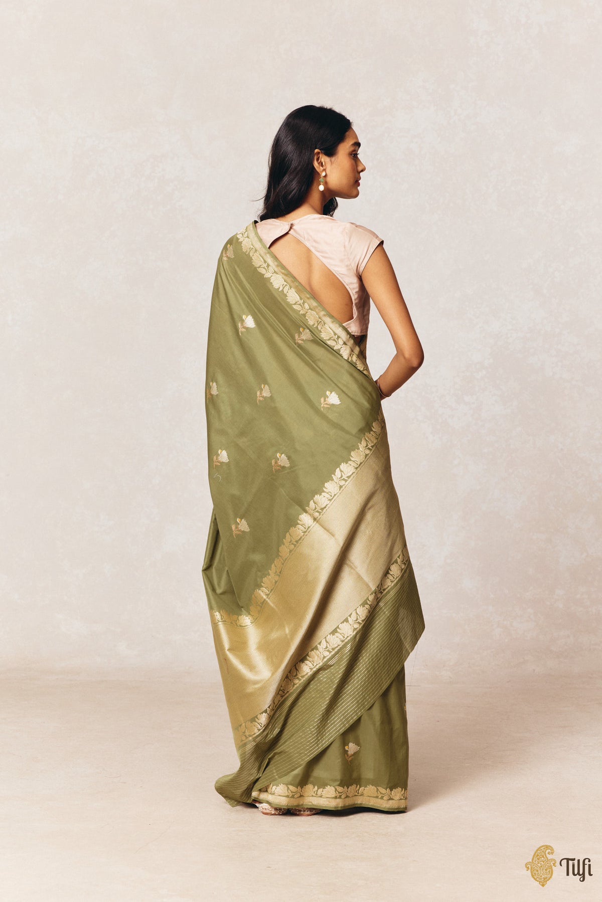 'Magnolias & Beetles' Deep Green Pure Kora by Cotton Banarasi Handloom Saree