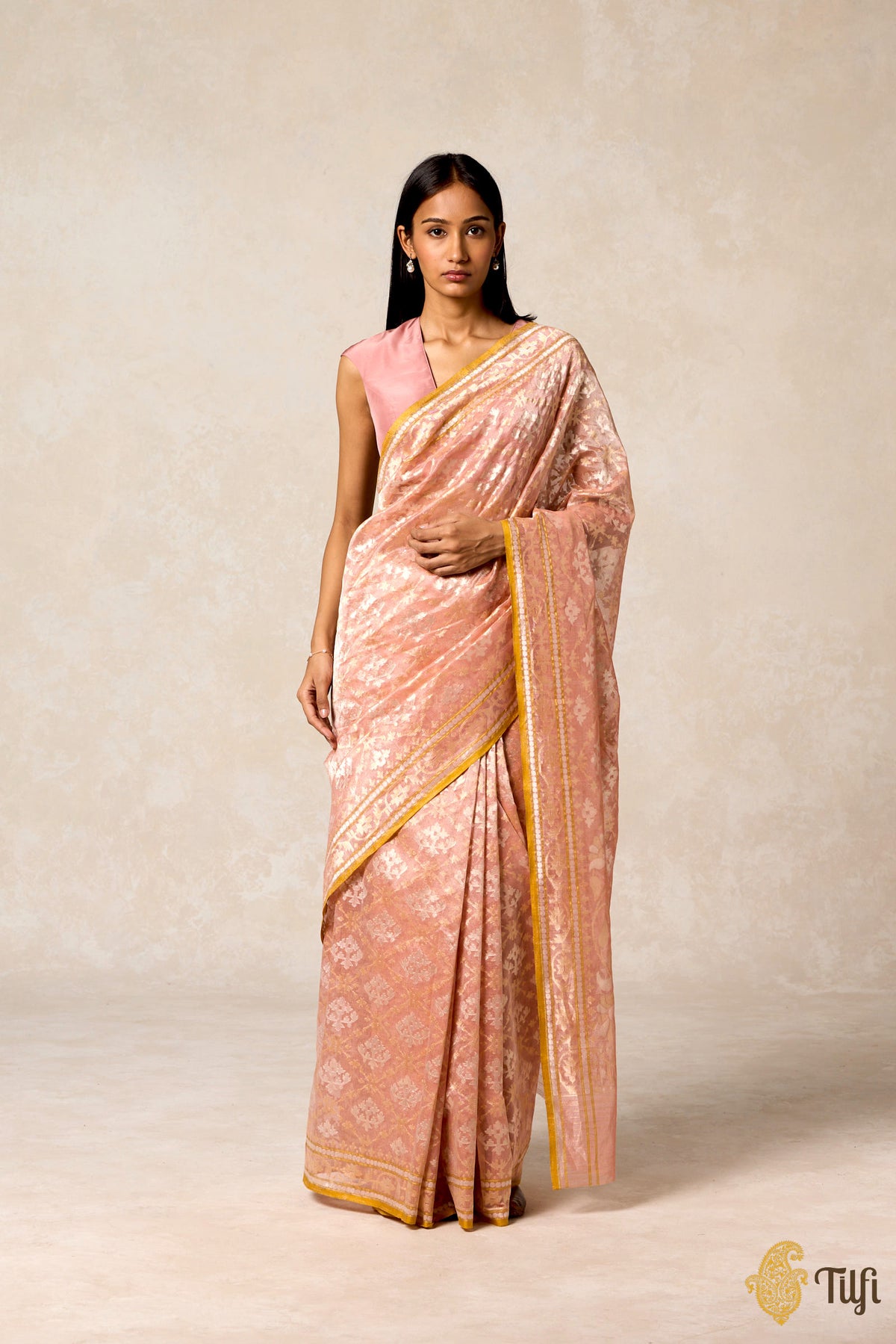 &#39;Kairavi&#39; Light Coral Peach Pure Cotton Tissue Real Zari Banarasi Handloom Saree