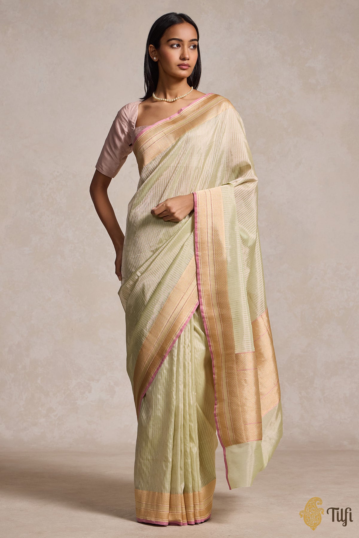 Soft Pista Green Pure Cotton Tissue Handloom Banarasi Saree