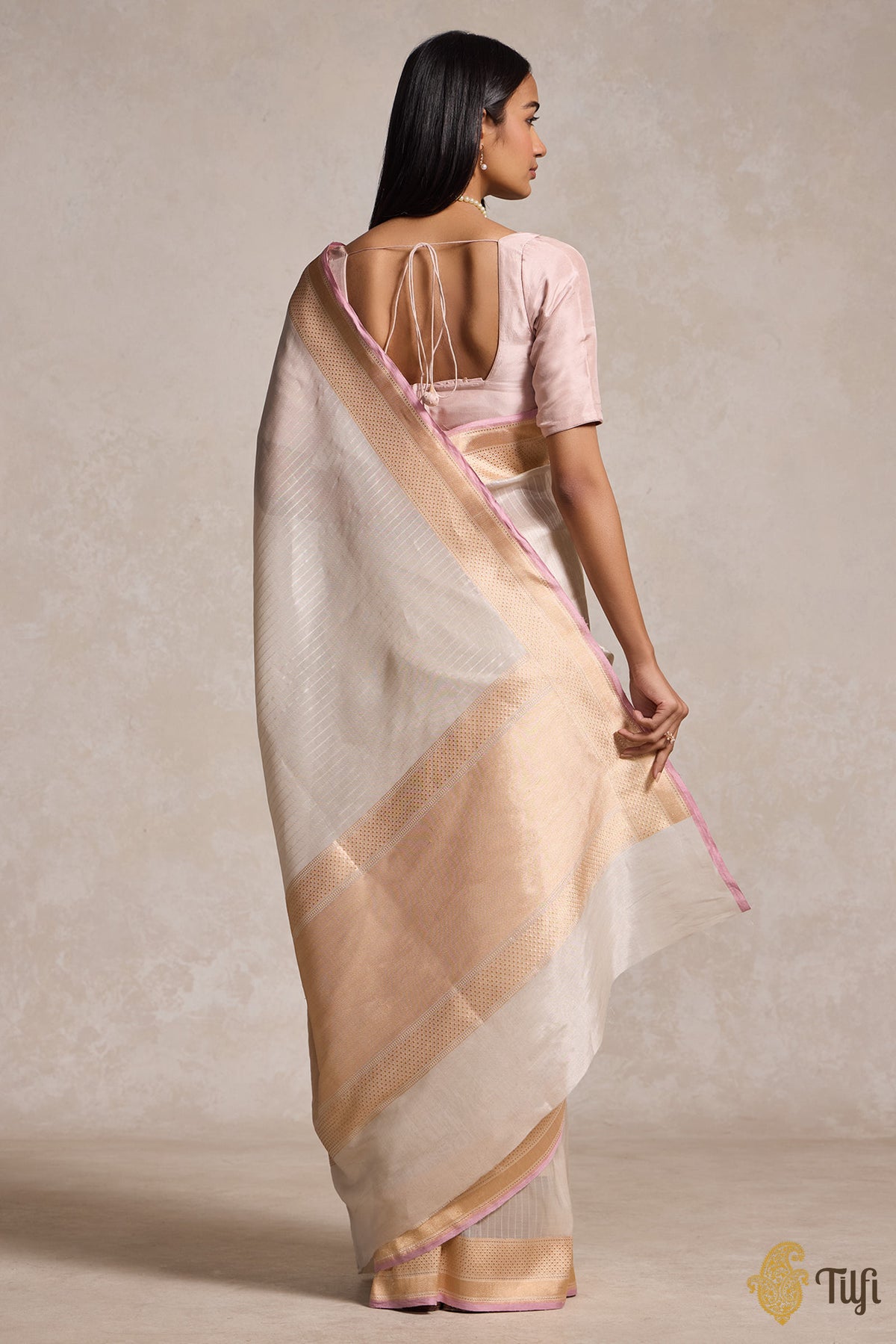 Off White Pure Cotton Tissue Banarasi Handloom Saree