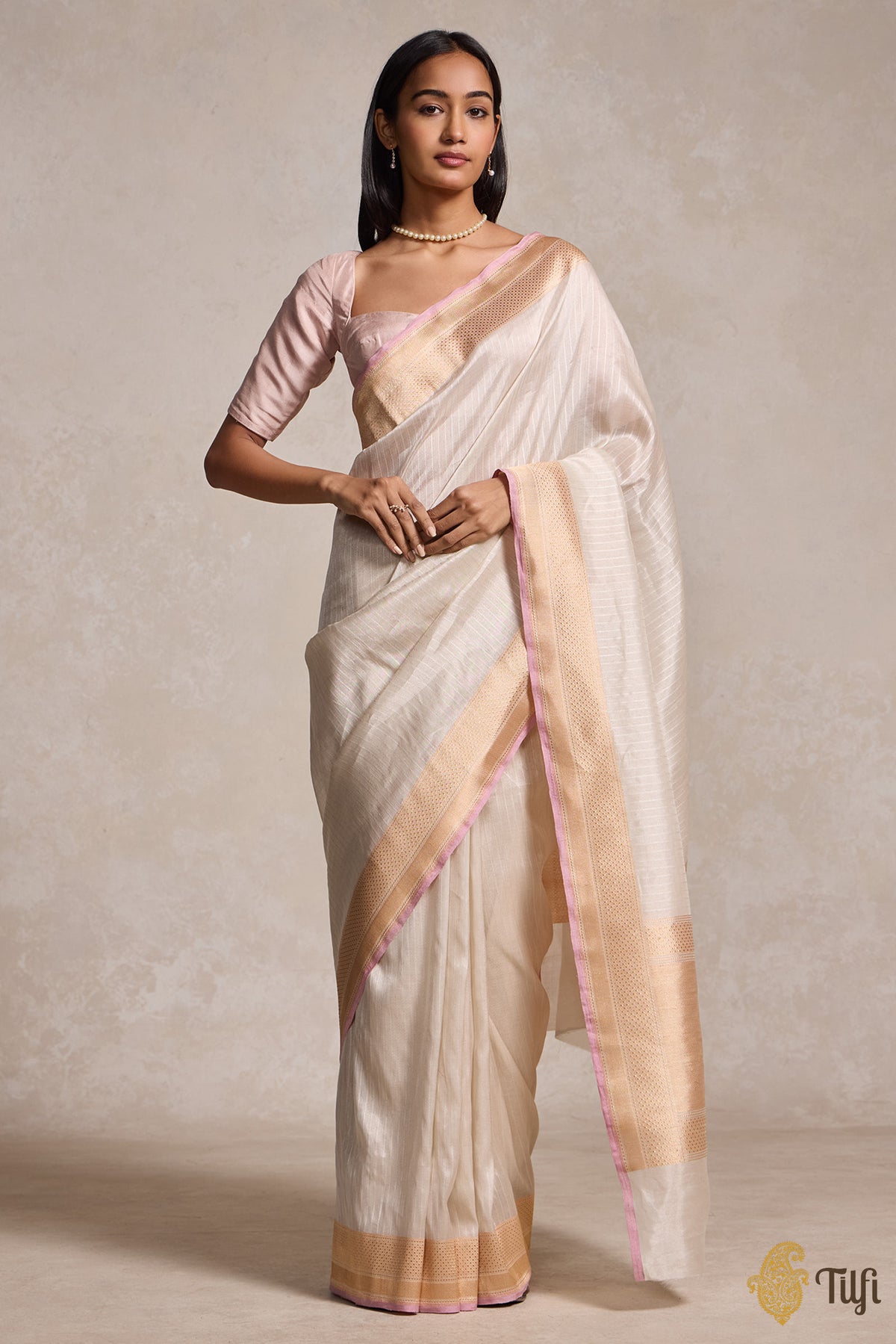 Off White Pure Cotton Tissue Banarasi Handloom Saree