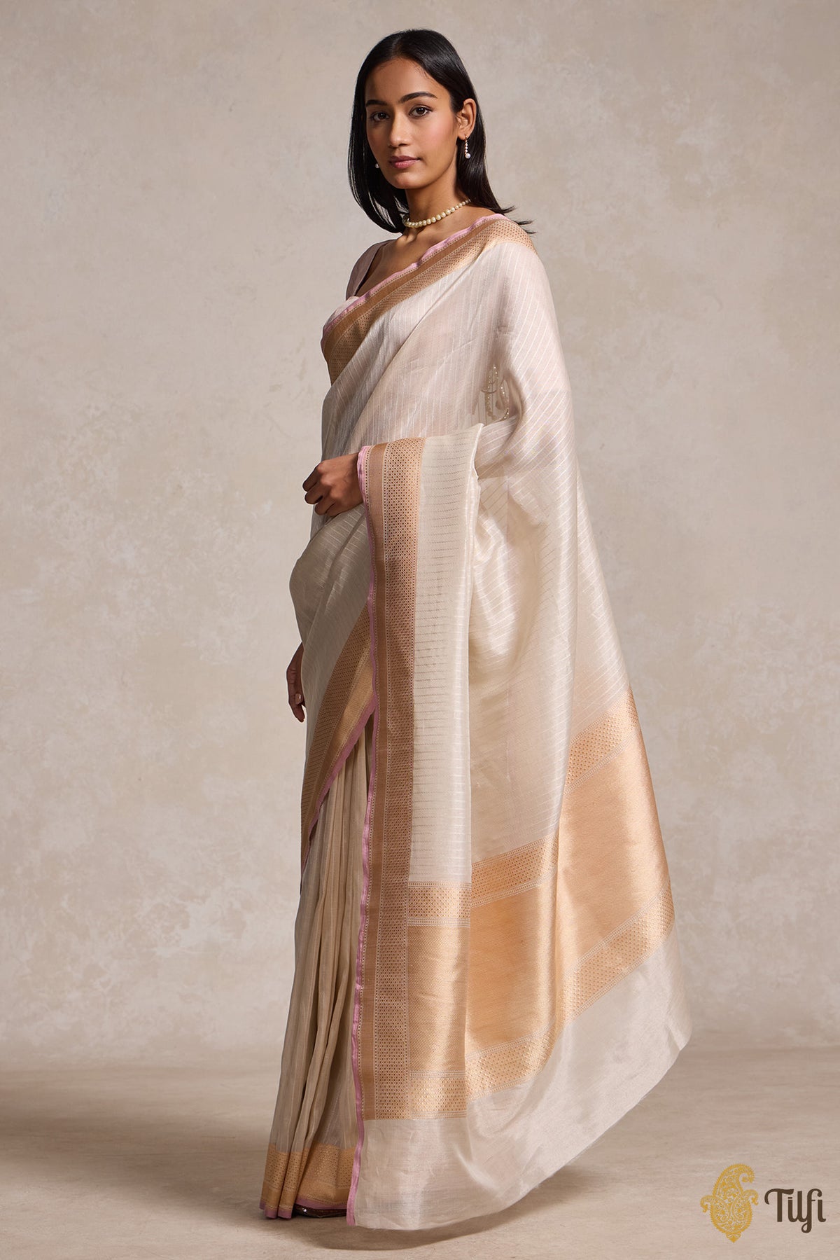 Off White Pure Cotton Tissue Banarasi Handloom Saree