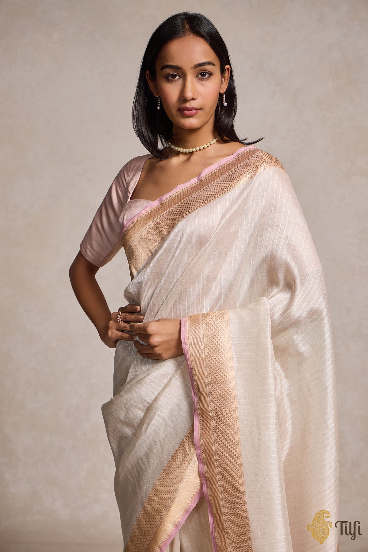 Off White Pure Cotton Tissue Banarasi Handloom Saree