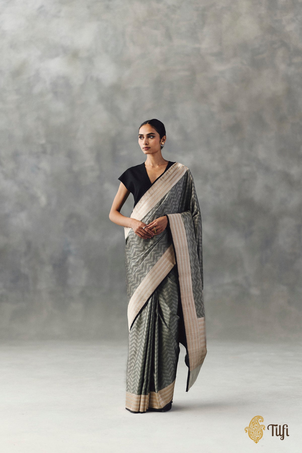 Grey-Black Pure Soft Satin Silk Banarasi Handloom Saree