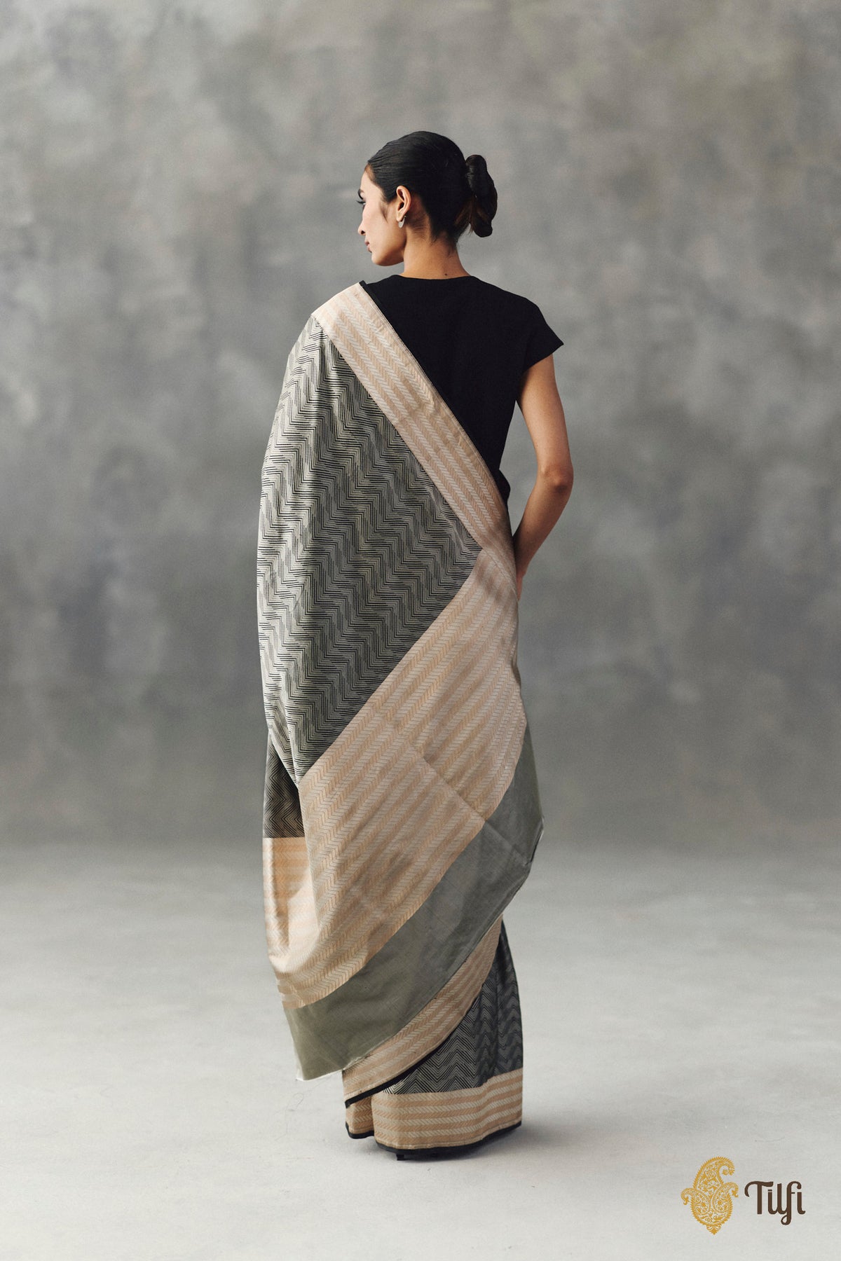 Grey-Black Pure Soft Satin Silk Banarasi Handloom Saree