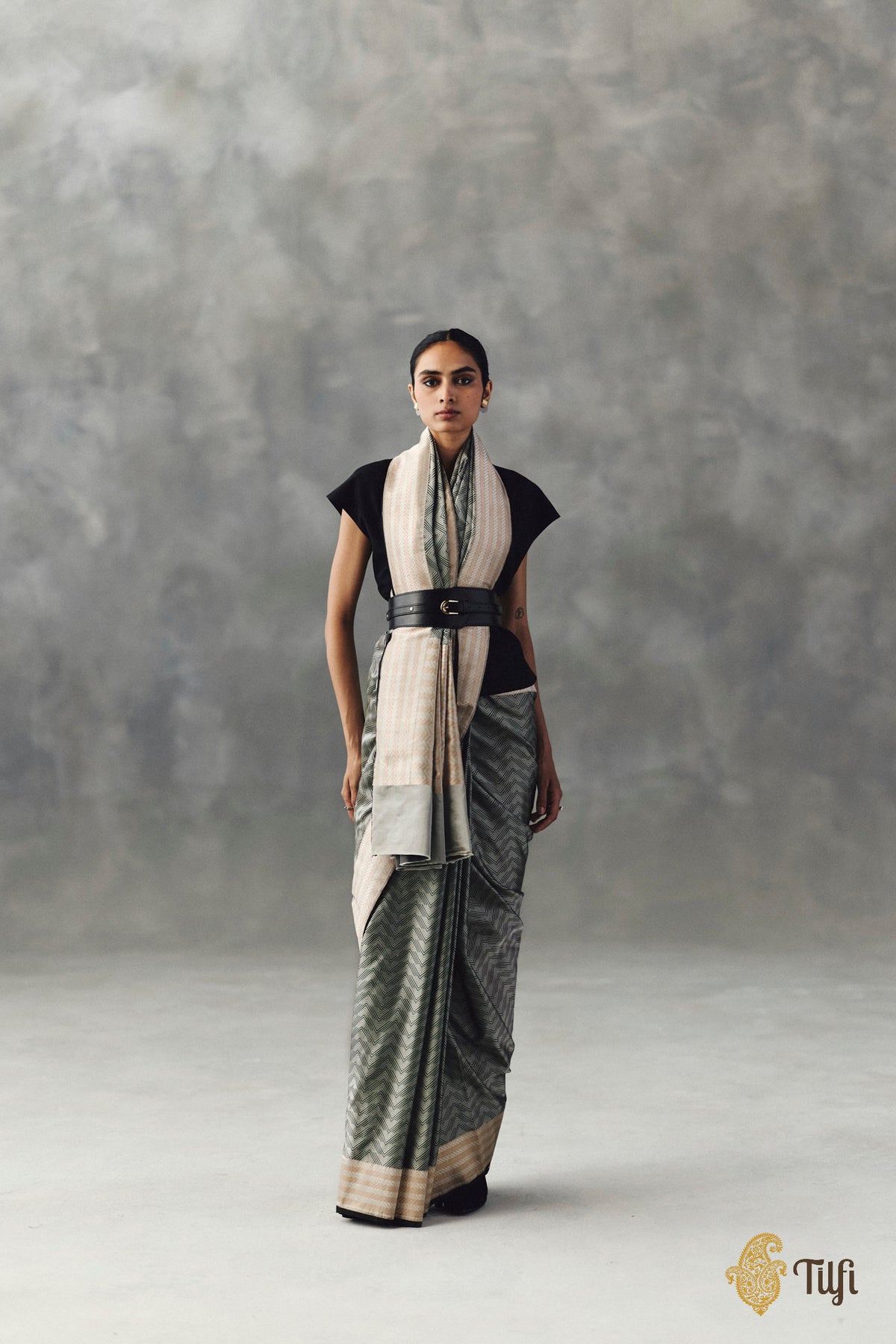 Grey-Black Pure Soft Satin Silk Banarasi Handloom Saree