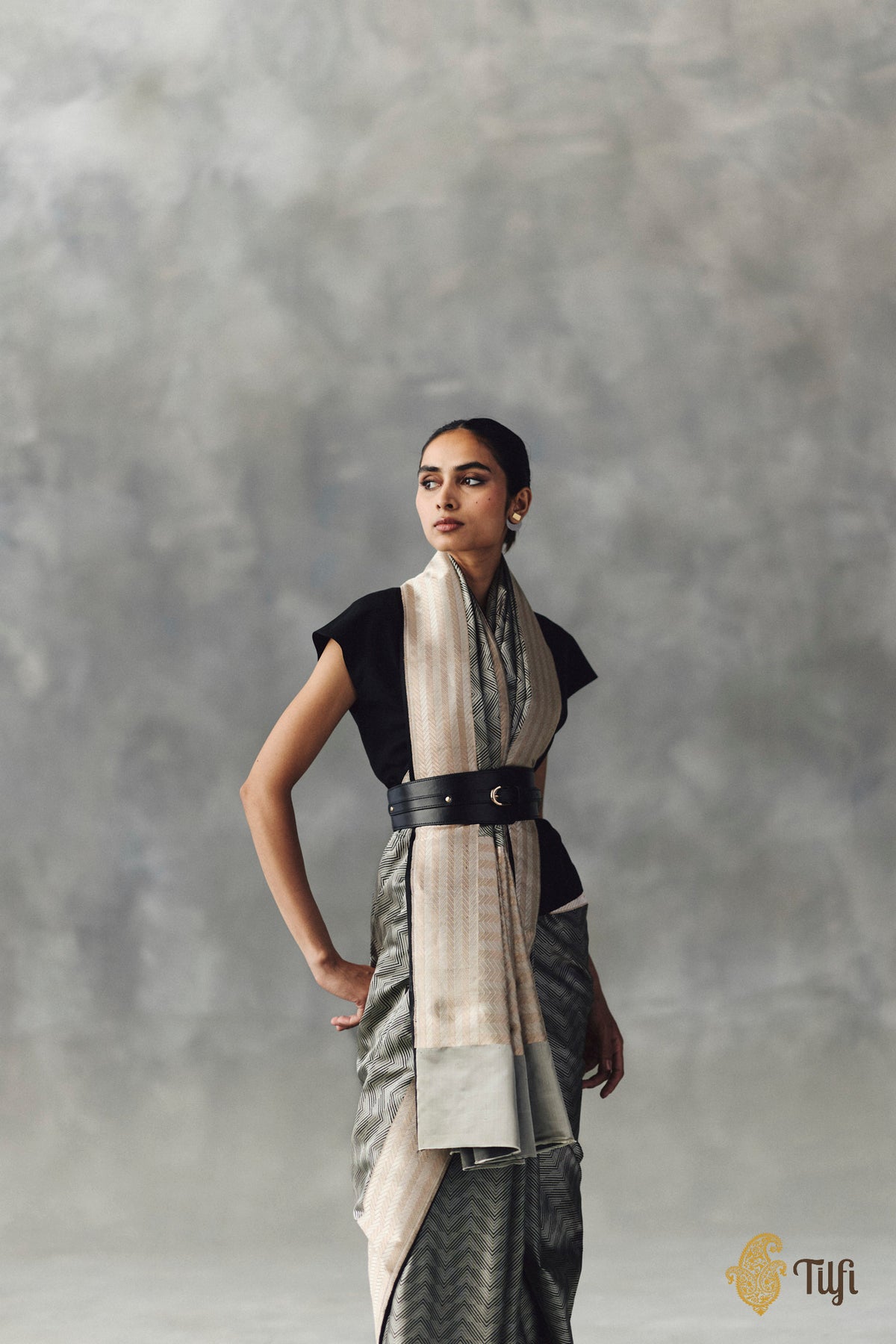 Grey-Black Pure Soft Satin Silk Banarasi Handloom Saree