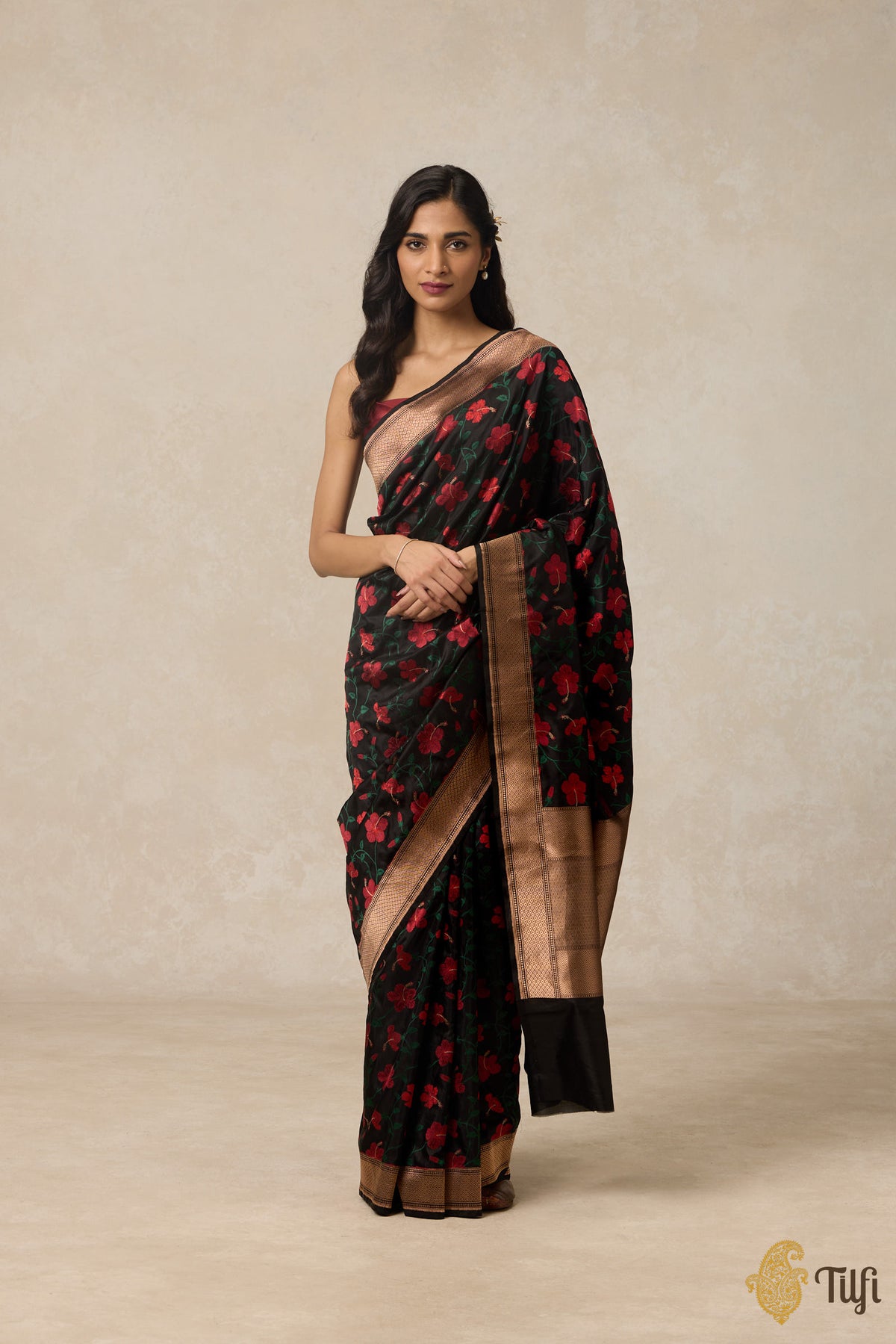 &#39;Hibiscus&#39; Black Pure Katan Silk Banarasi Handloom Saree