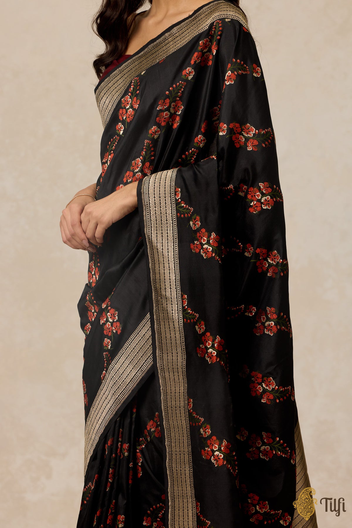 &#39;Gulmohar&#39; Black Pure Katan Silk Banarasi Handloom Saree