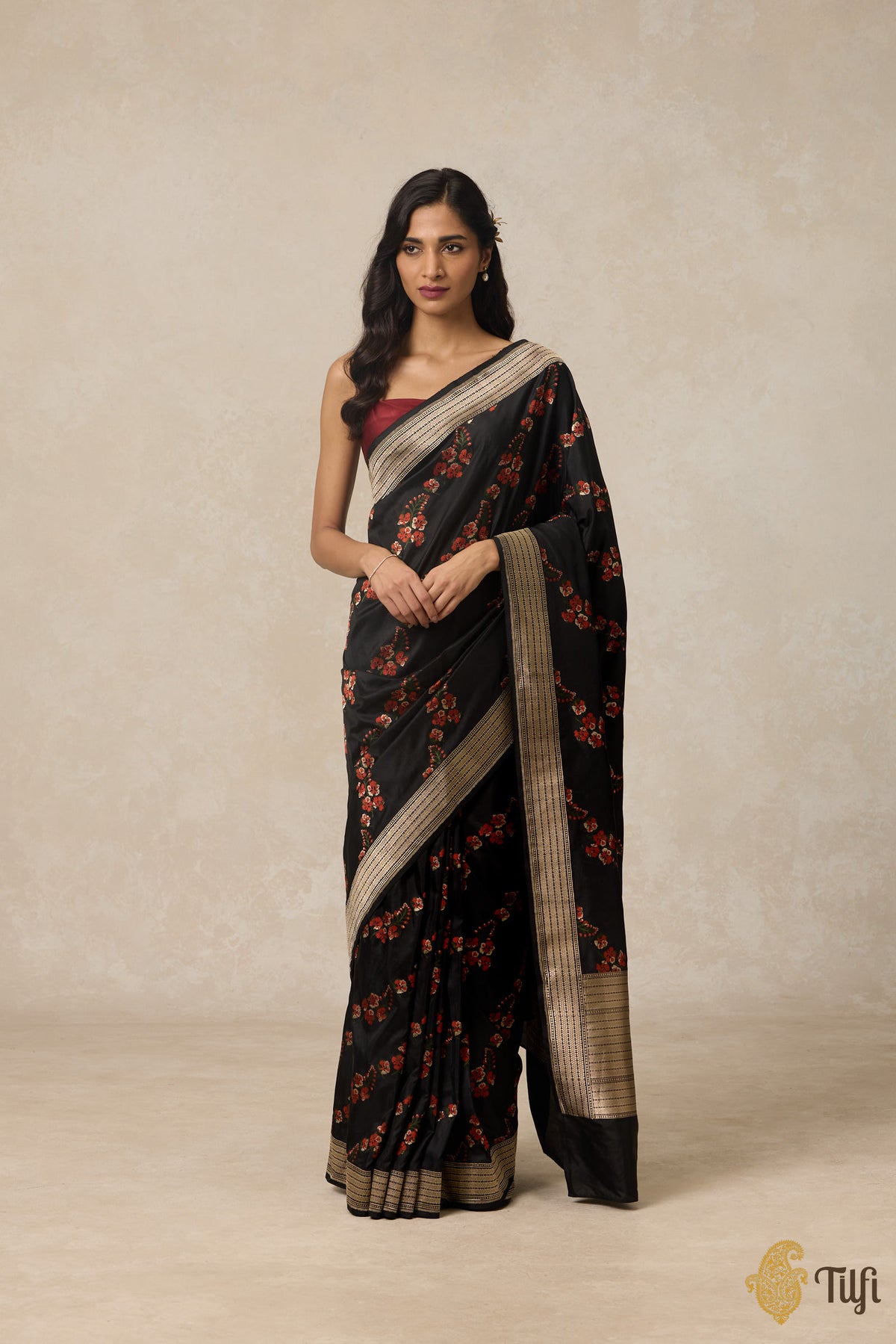 &#39;Gulmohar&#39; Black Pure Katan Silk Banarasi Handloom Saree