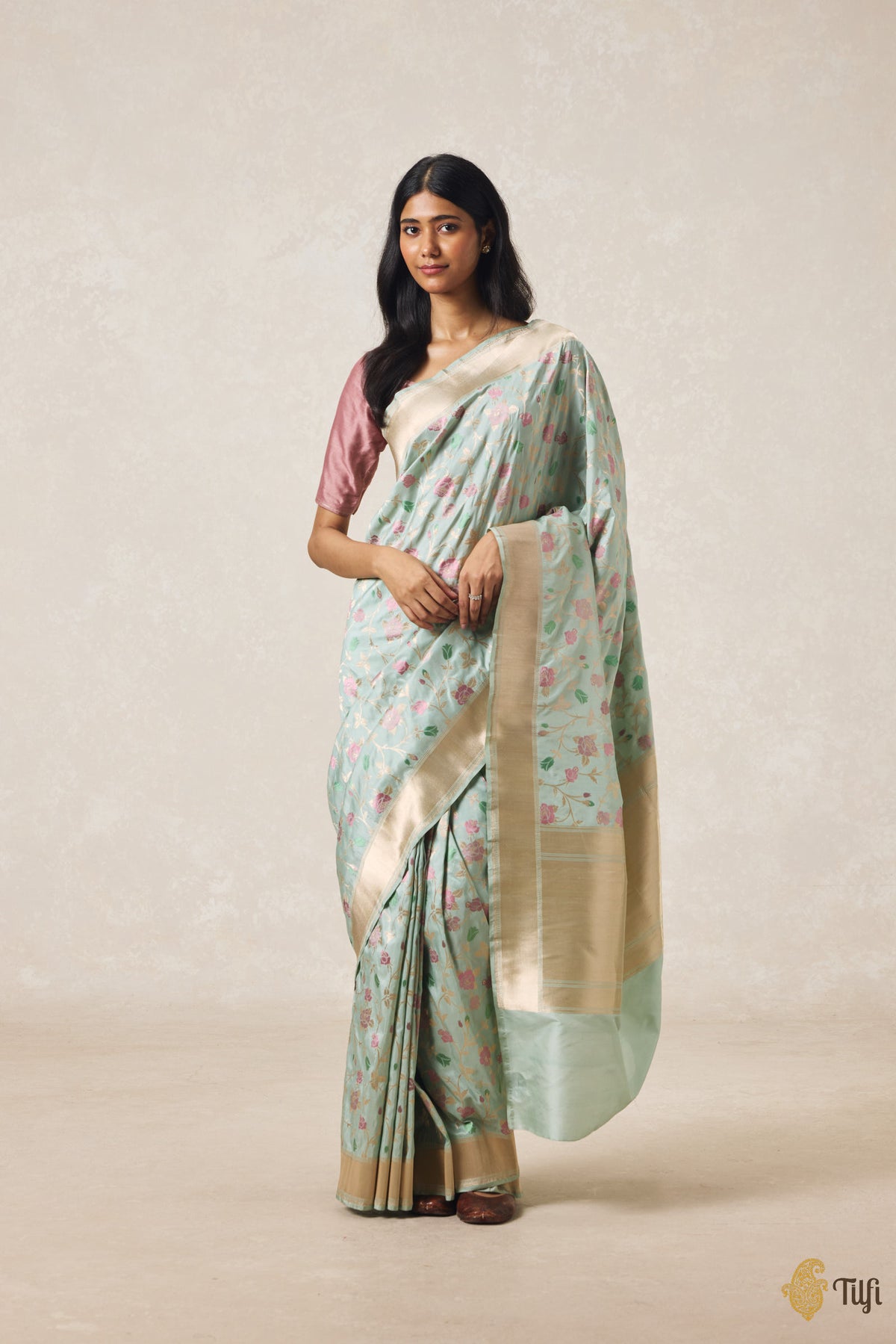 'Bhairavi' Dusty Blue Pure Katan Silk Banarasi Handloom Saree