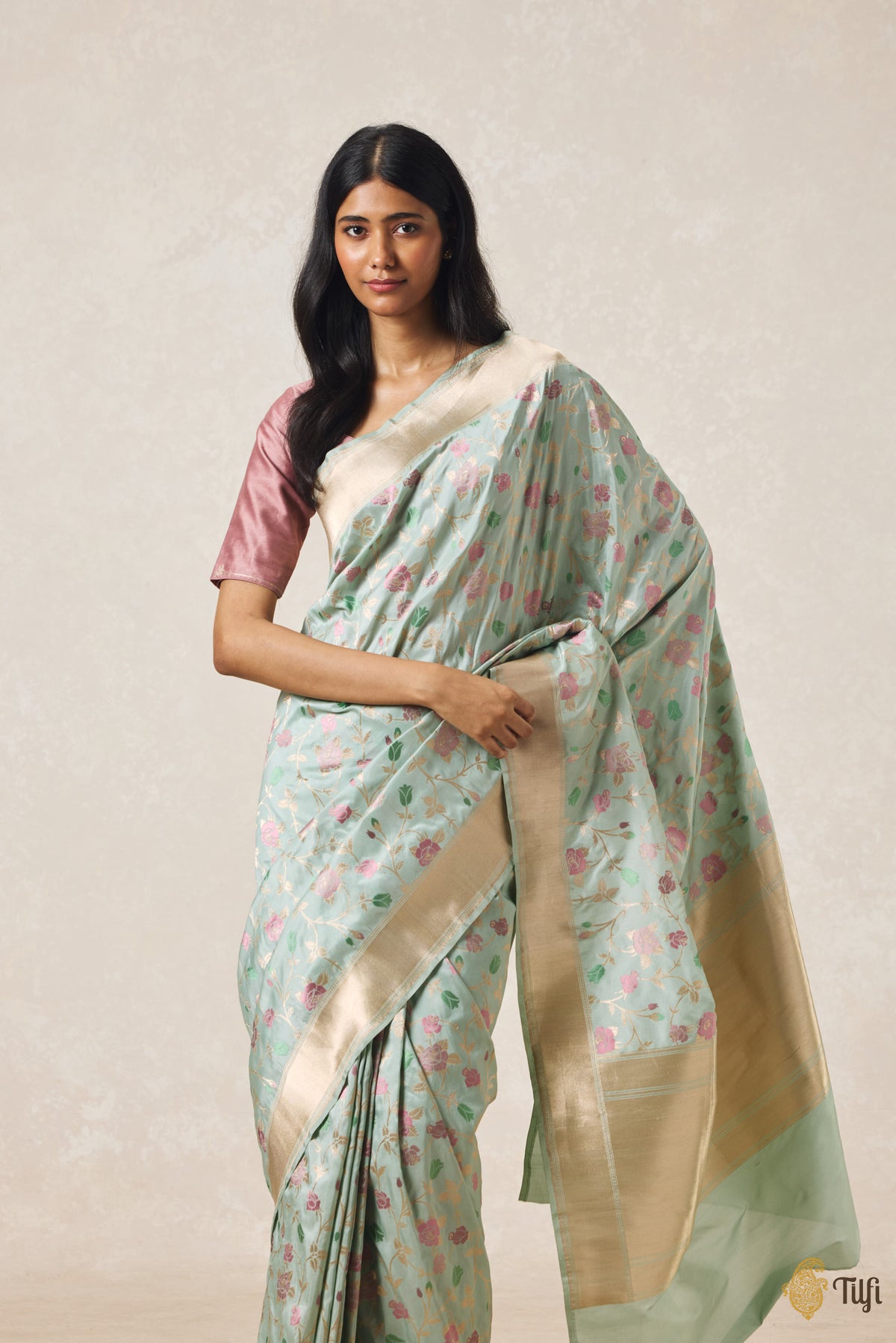 'Bhairavi' Dusty Blue Pure Katan Silk Banarasi Handloom Saree