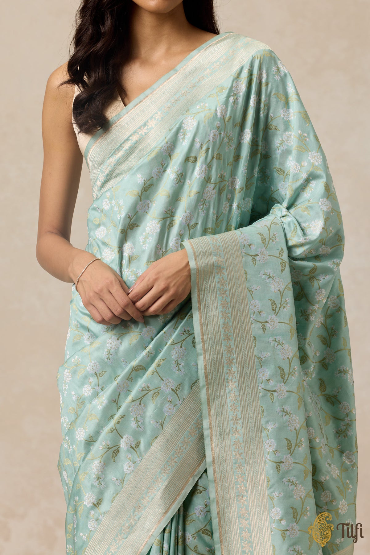 &#39;Jasmine&#39; Baby Blue Pure Katan Silk Banarasi Handloom Saree