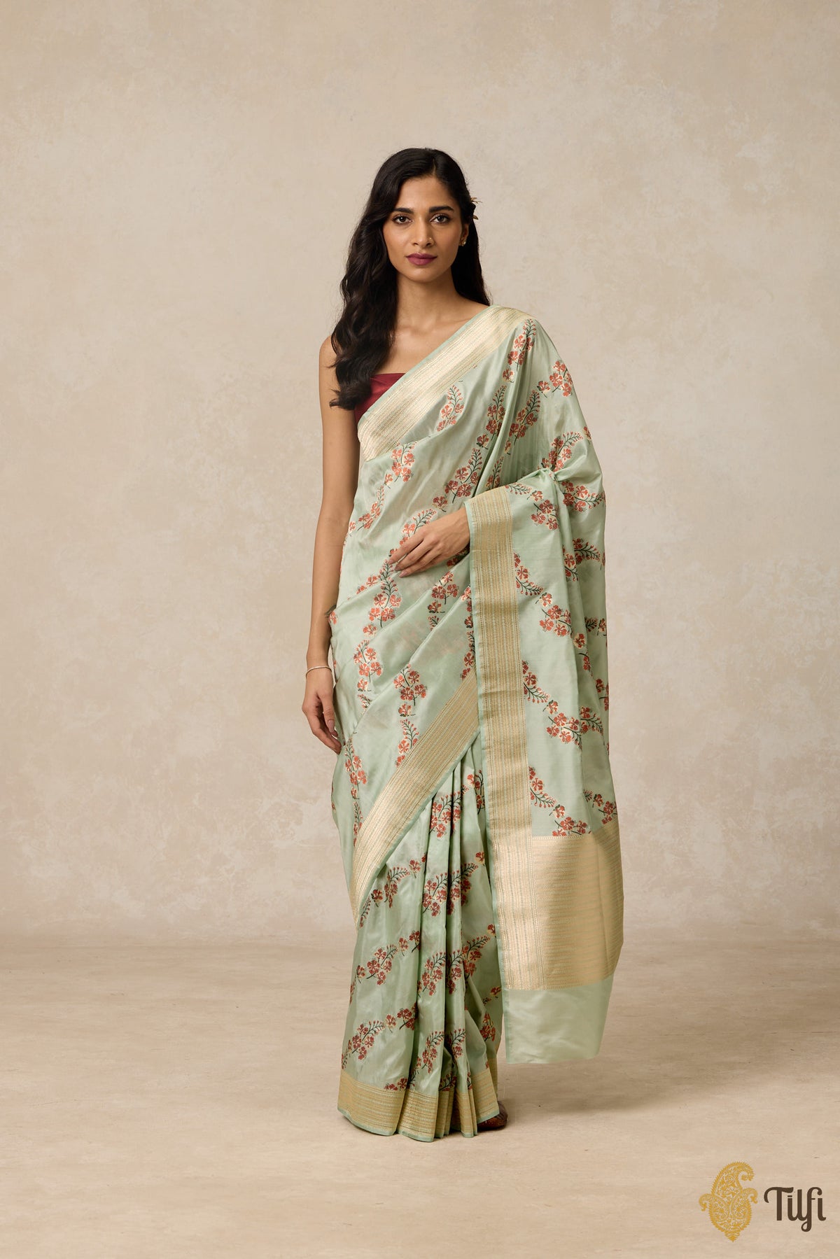 &#39;Gulmohar&#39; Mint Blue Pure Katan Silk Banarasi Handloom Saree